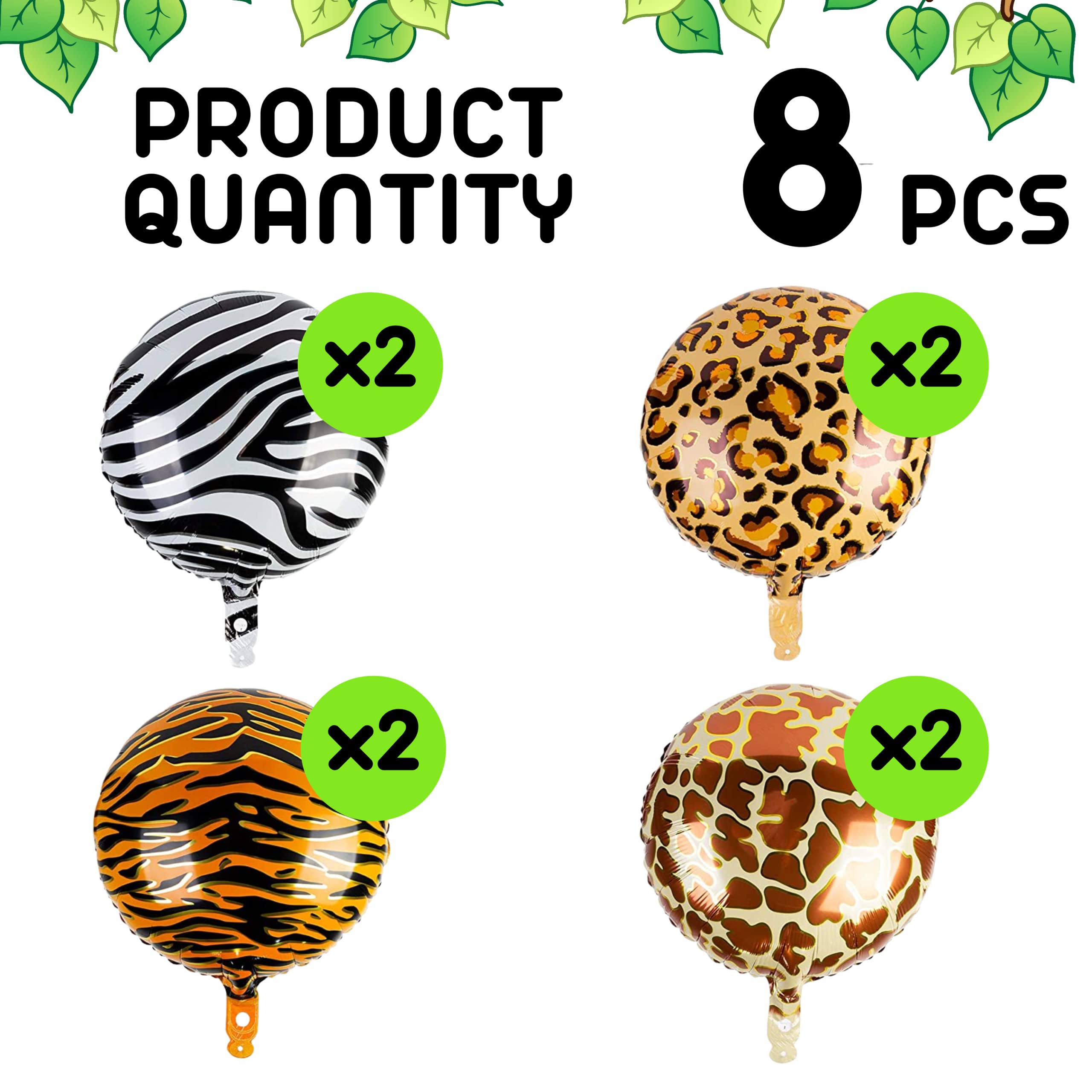 8PCS Safari Animal Print Balloons – 18 Inch Round Foil Mylar Balloons (Giraffe, Tiger, Zebra, Leopard) for Jungle Theme Birthday Party Decorations – Perfect for Baby Showers, Zoo Parties & Safari Adventures