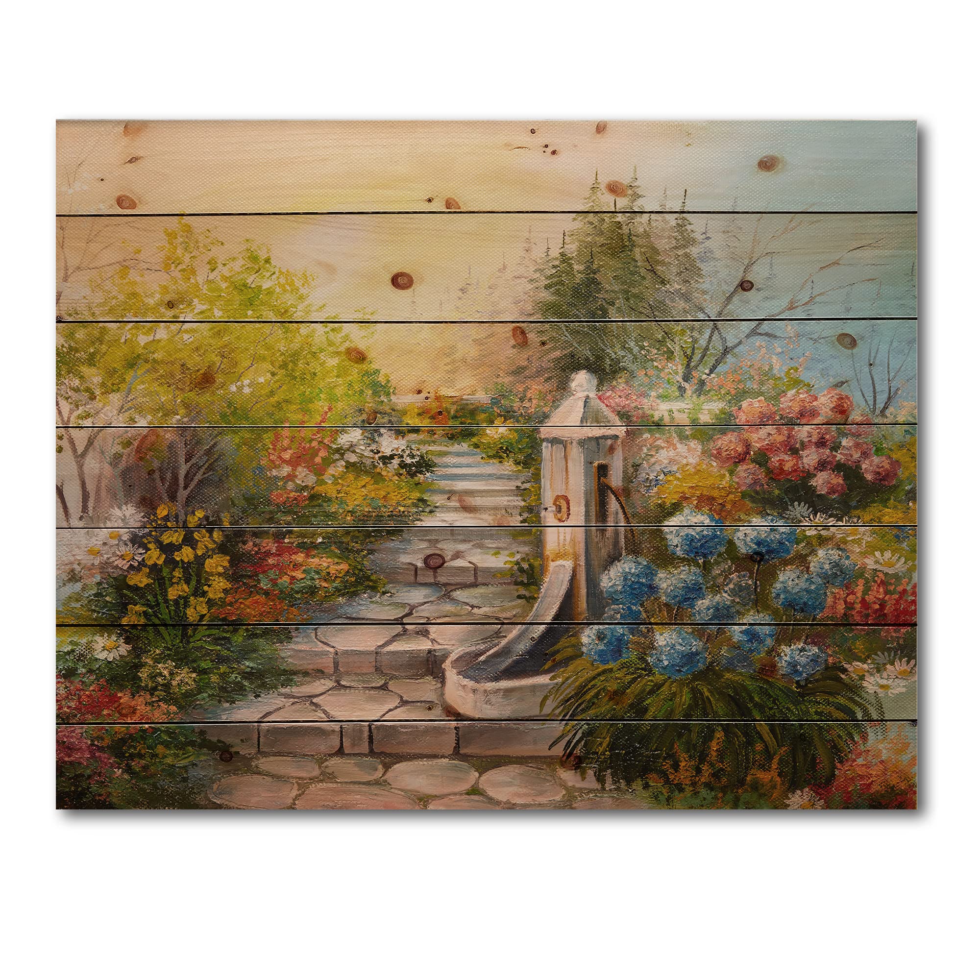 DesignQ Blossoming Forest Stone Stairs Traditional Wood Wall Art - Large Landscape Pine Wood Panel Decor for Living Room, Bedroom & Office
