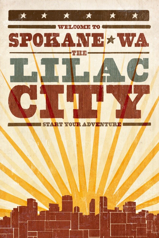 Spokane Washington Skyline & Sunburst Screenprint Wall Art Poster - 12x18 Inches, Modern Home Decor for Living Room, Bedroom & Office