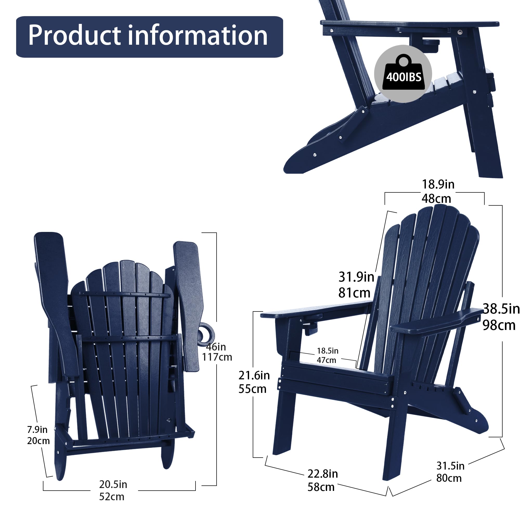 Folding Adirondack Chair with Cup Holder - Heavy Duty All-Weather HDPE, SGS Tested, Wooden Textured Design - Comfortable Outdoor Seating for Patio, Garden, Poolside & Backyard (Navy Blue)
