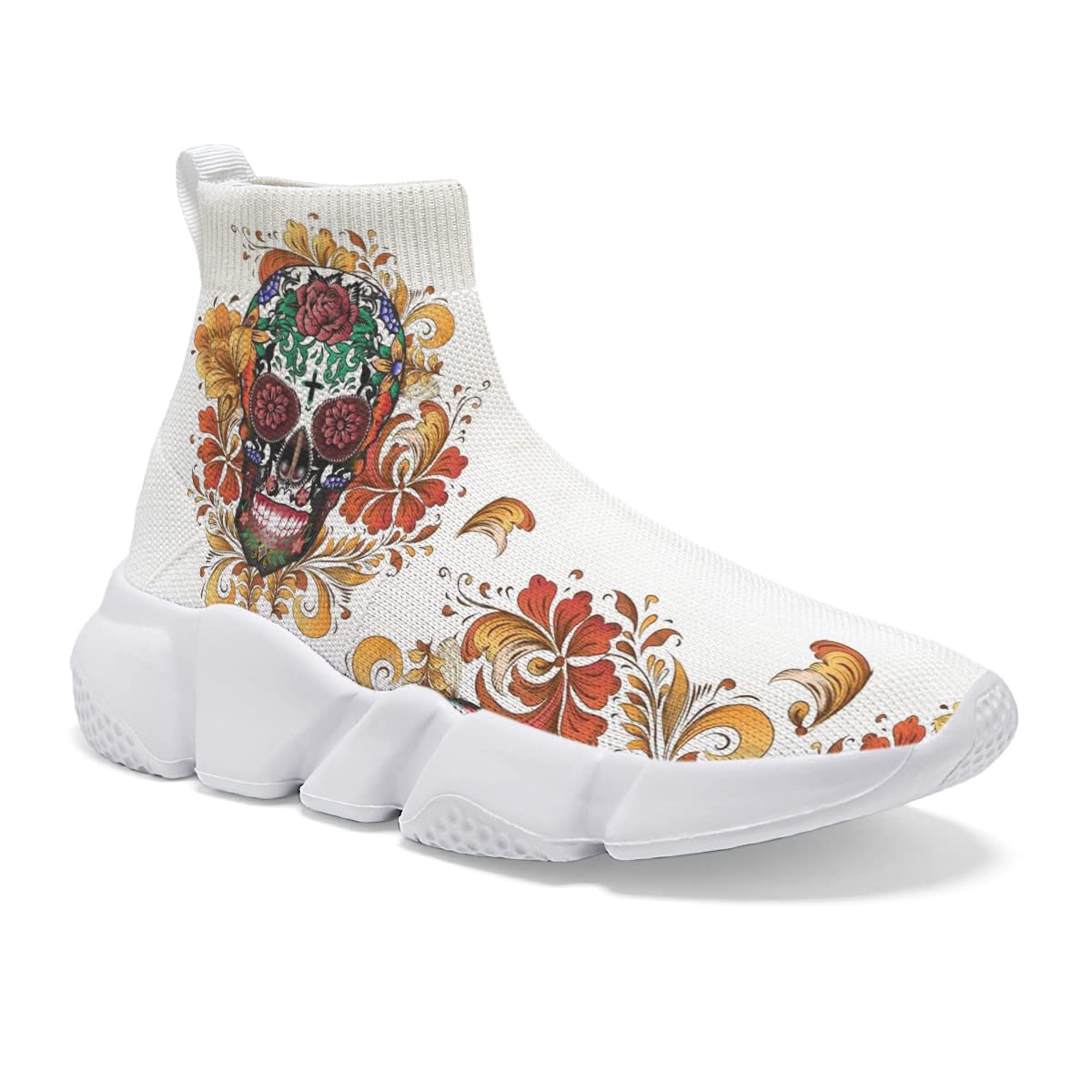 Hetios Women's Fashion Skull Print Slip-On Sneakers - Knit Athletic Running Shoes for Jogging, Walking & Casual Wear - Comfortable White Sports Shoes for Women - Perfect for Gym, Workout & Everyday Outfits