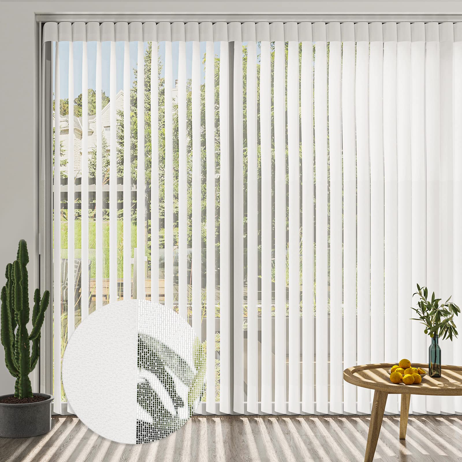 MiLin Cordless Vertical Blinds with Sheer Fabric - Light Filtering Window Shades for Sliding Glass Doors & Large Windows | Adjustable Wand Control, Custom Sizes Available in White | Perfect for Living Rooms, Bedrooms & Patio Doors