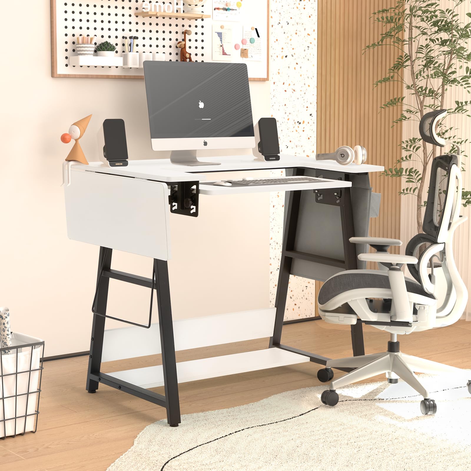 MELLCOM Folding Sewing Table with Adjustable Shelf & Side Pocket - Multi-Purpose Craft Table for Sewing Machines, Hobby Work & Computer Use - Compact White Workstation for Home Office & Craft Room