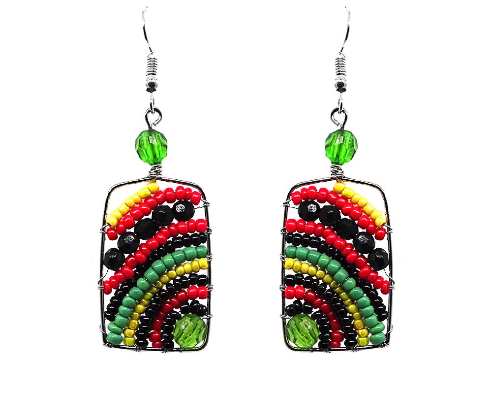 Handmade Rasta Beaded Dangle Earrings for Women - Silver Metal Striped Rectangle Seed Bead Boho Jewelry | Perfect for Festivals, Parties & Boho Fashion Accessories