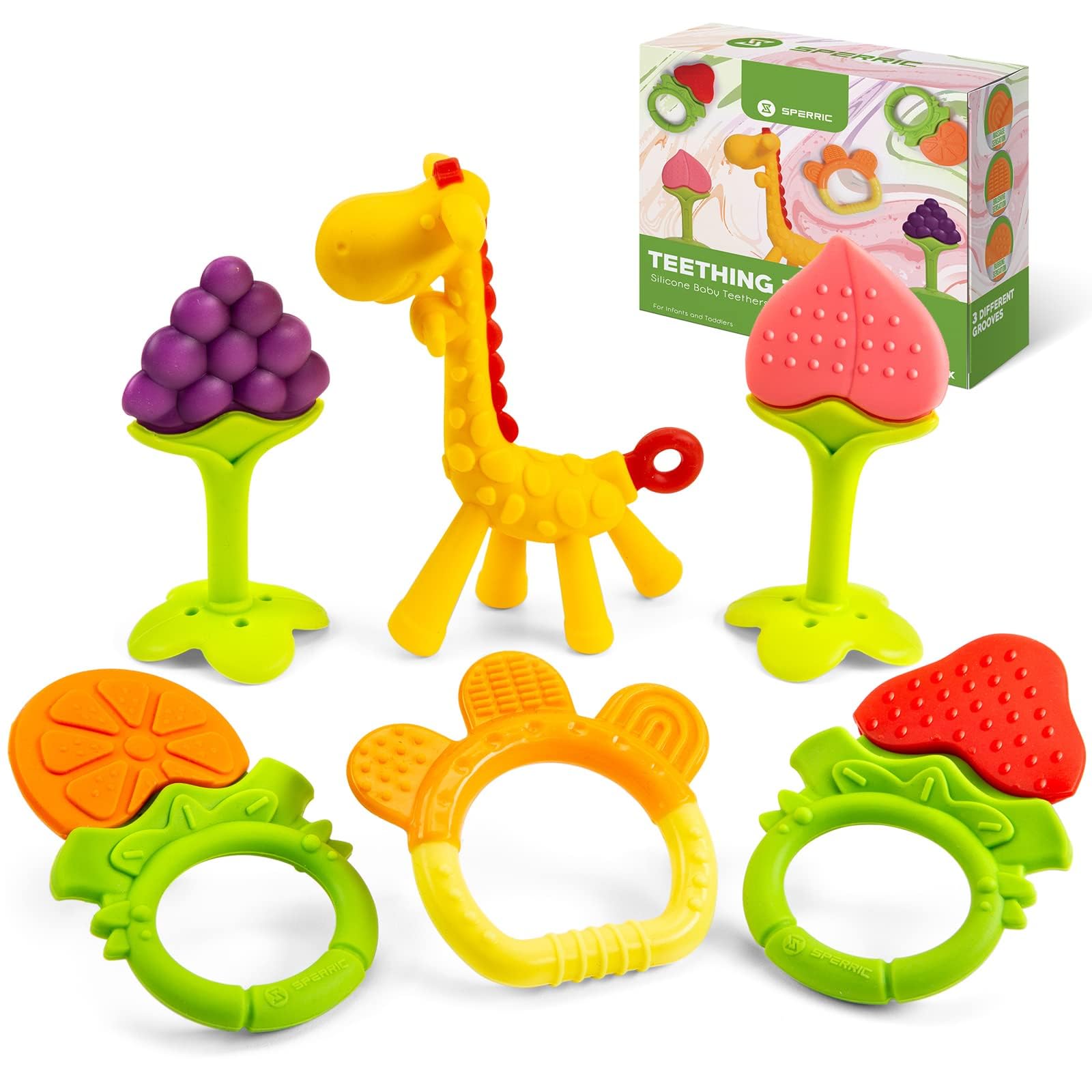 Organic Silicone Baby Teethers for 0-6 Months - 6 Pack Freezer Safe Teething Toys for Newborns & Infants | Soothing Gum Relief | Perfect Baby Shower Gift for Boys & Girls | Use for Home, Travel & Daycare
