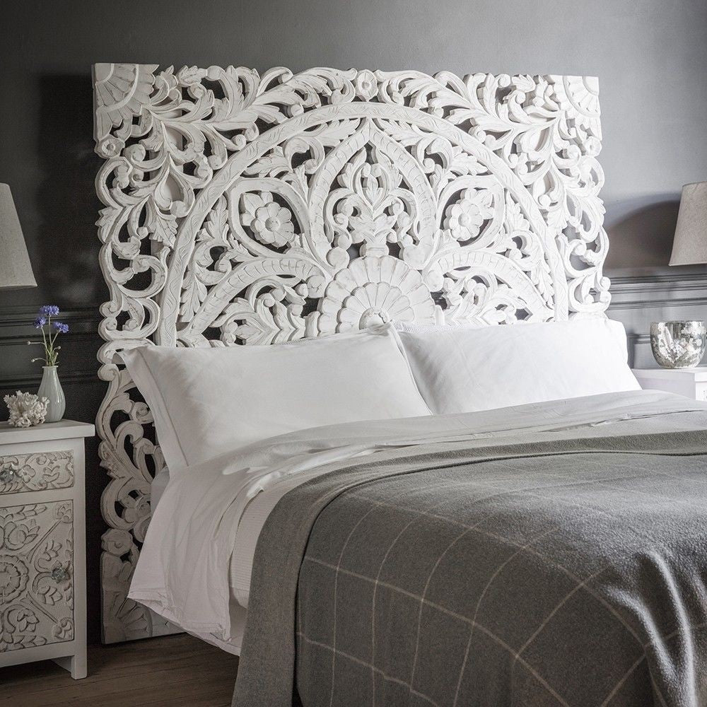 Hand Carved Wooden Wall Panel Headboard - White Queen Size Bed Headboard for Master Bedroom, Guest Room & Home Decor