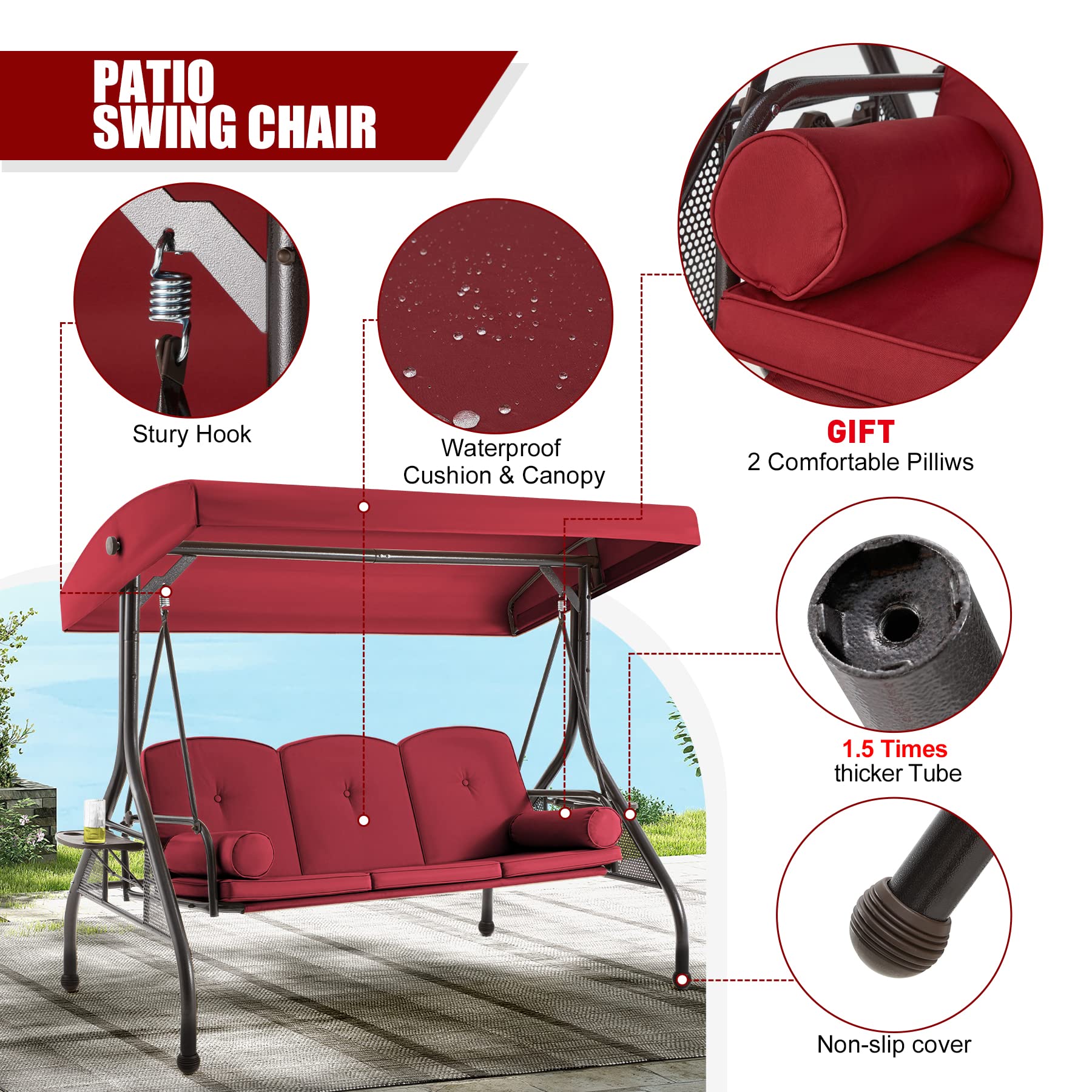 GYUTEI 3-Seat Outdoor Patio Swing with 1.5