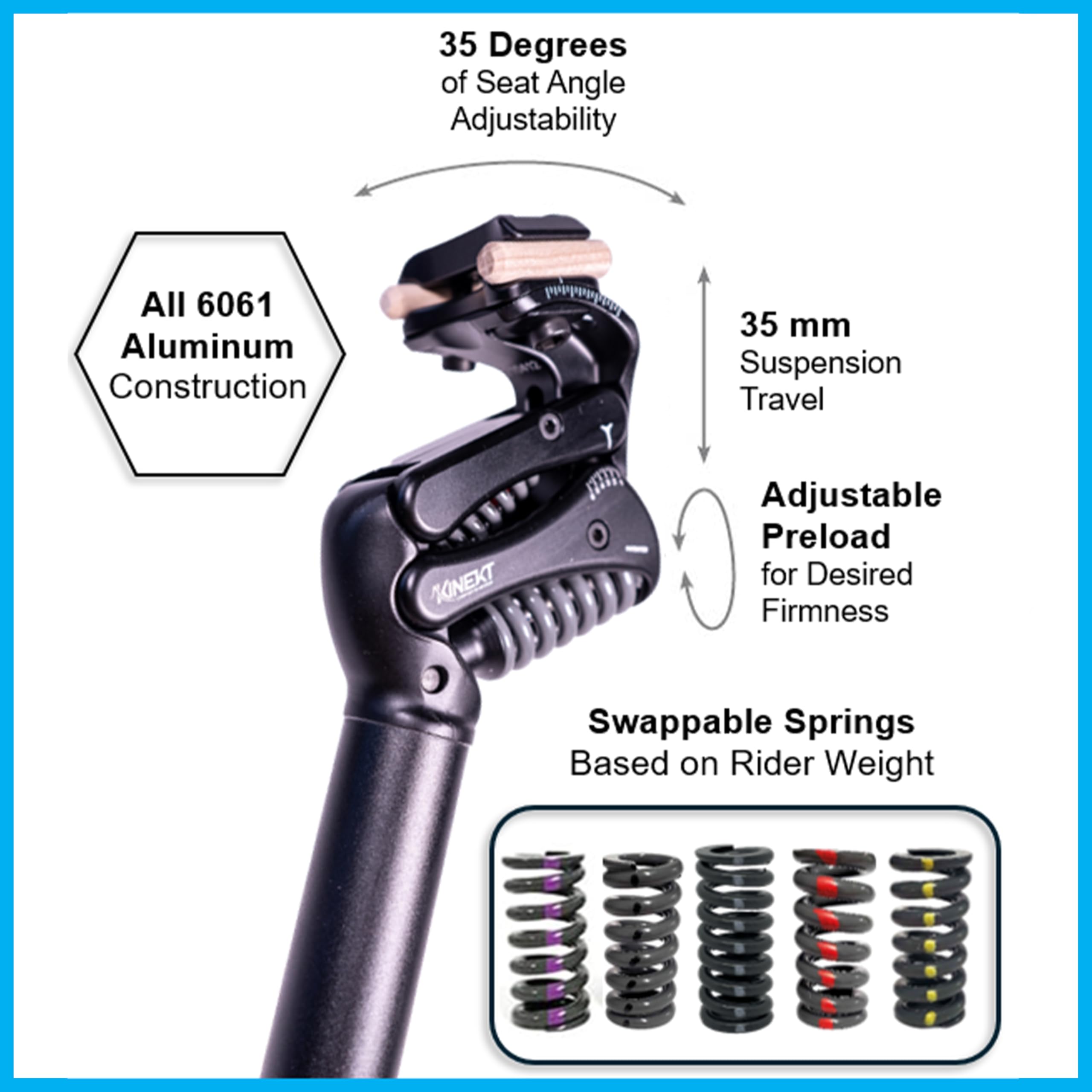 KINEKT Bike Suspension Seatpost - Lightweight Aluminum Alloy Shock Absorbing Seat Post for Road, Gravel & Electric Bikes - Adjustable for Rider Weight 80-320 lbs - Perfect for Commuting, Mountain Biking & Long-Distance Cycling