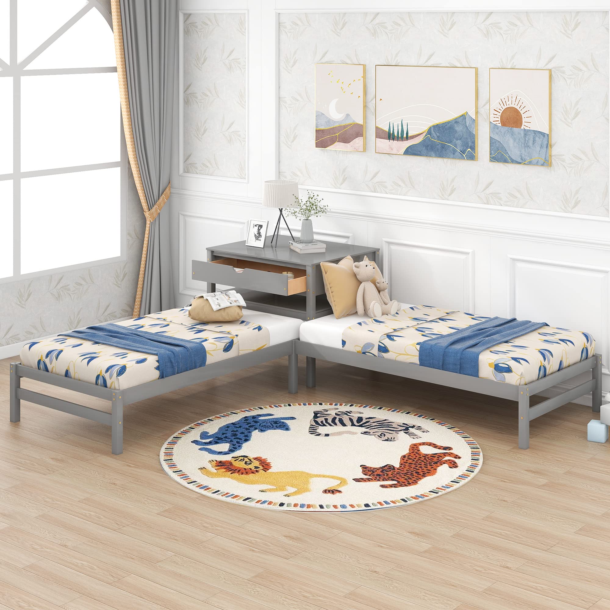 MOEO Twin Size L-Shaped Platform Bed with Drawers & Built-in Study Table - Solid Wood Bed Frame for Kids Room, No Box Spring Needed, Gray - Perfect for Small Spaces, Study & Sleep Combo for Boys & Girls