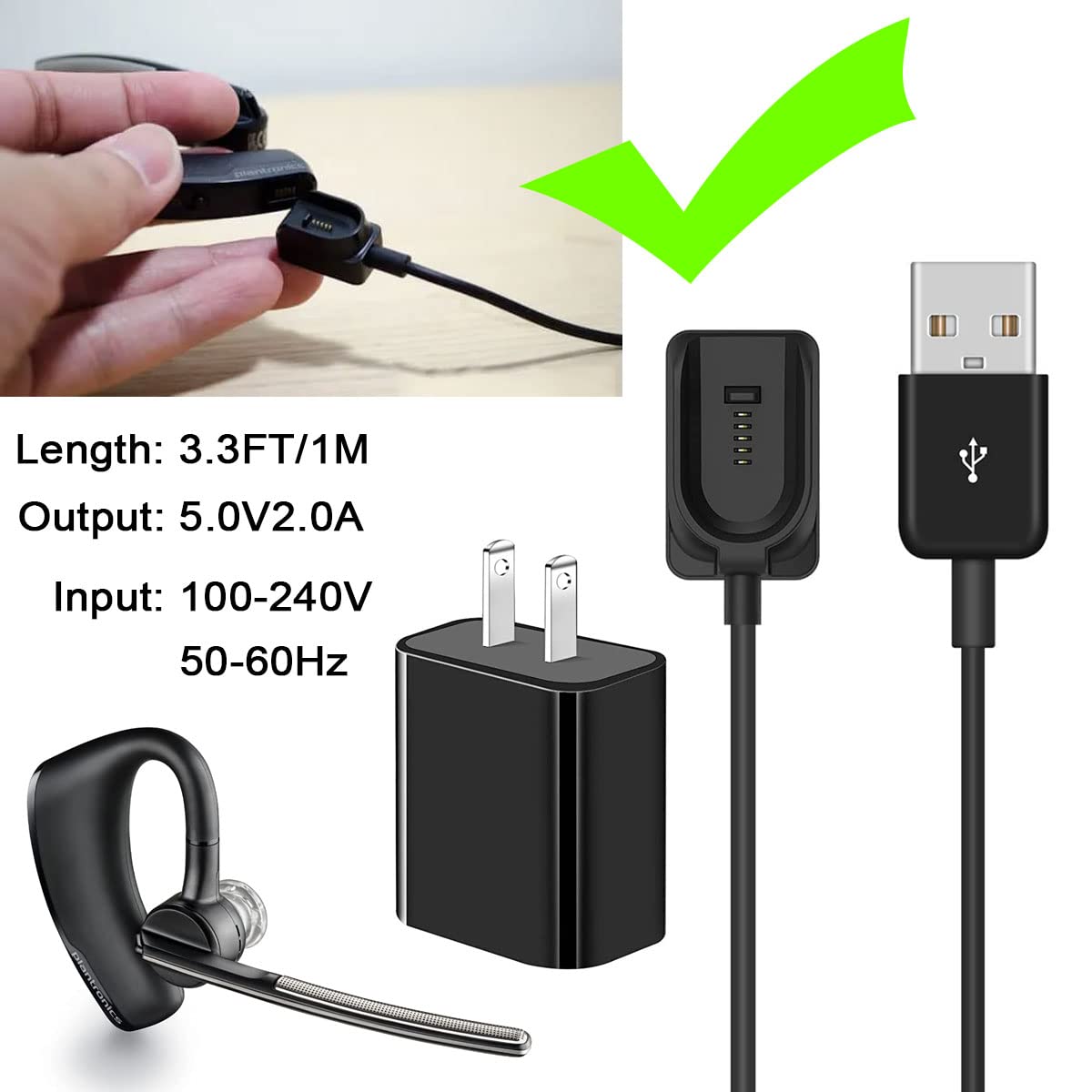 Plantronics Voyager Legend Charger Adapter Cable - Replacement USB Power Cord for Wireless Headset (3.3ft/1m, Black) | Perfect for Office, Travel & Remote Work Charging