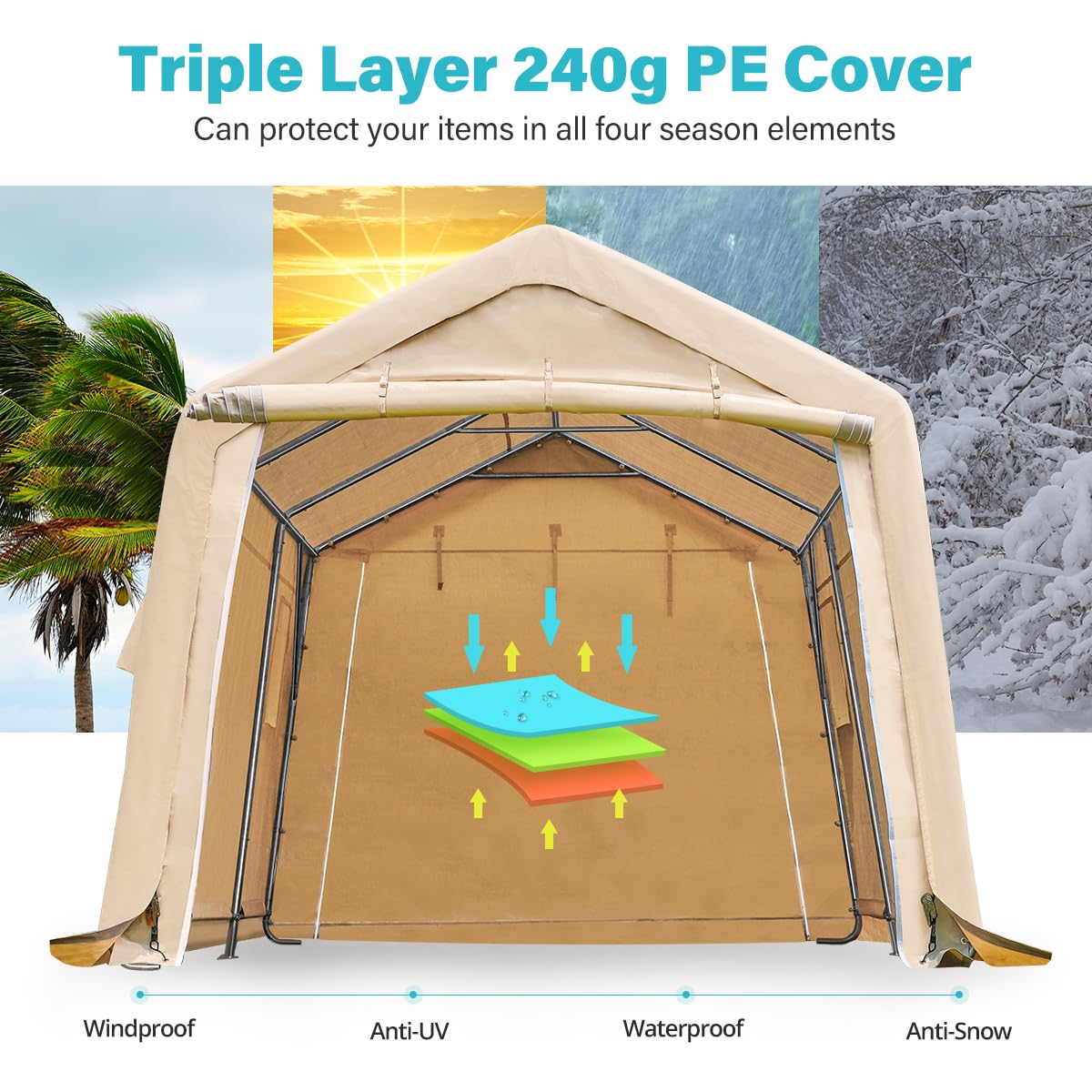 ADVANCE OUTDOOR 10X15 ft Heavy-Duty Steel Garage Shelter with Peak Roof - Portable Storage Shed for Motorcycle, Boat & Garden Tools - Includes 2 Roll-Up Doors & Ventilation (Beige) | Perfect for Vehicle Protection, Outdoor Storage & Backyard Organization