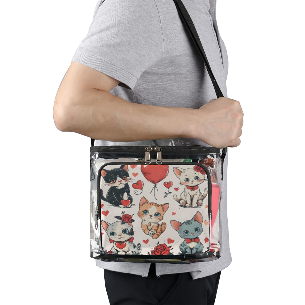 GzLeyigou Clear Transparent Tote Bag with Handles - Cute Cat & Rose Design Crossbody Shoulder Bag for Women | Perfect for Valentine's Day, Lunch, Outdoor Travel, Picnic, Concerts & Sports Events | Stadium Approved Multipurpose Purse