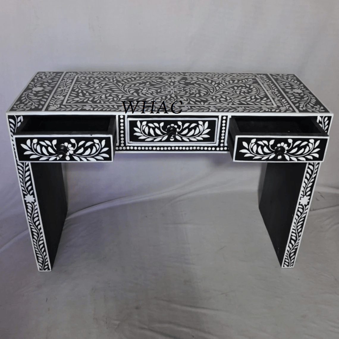 Handmade Bone Inlay Floral Pattern Console Table with 3 Drawers - Elegant Entryway Furniture for Hallway, Living Room & Foyer Decor