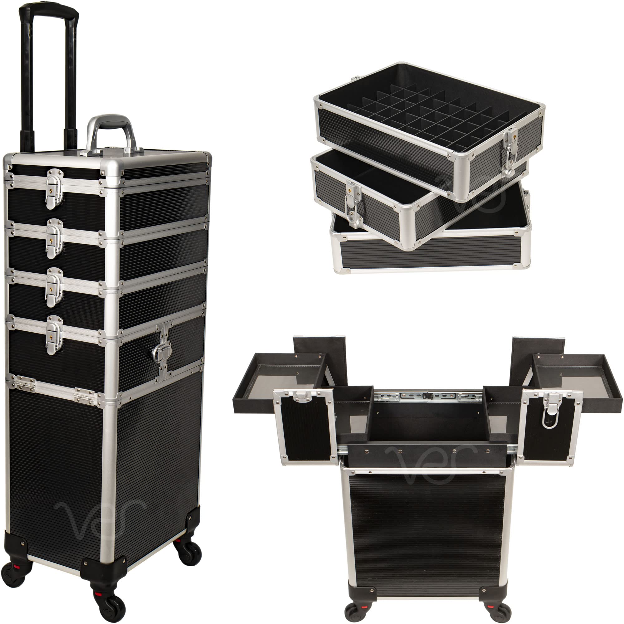 9 in 1 Professional Rolling Makeup & Nail Tech Travel Case - Cosmetic Organizer with Removable Trays & 4 Wheels - Nail Polish Holder Storage (Black Stripe) - Perfect for Salon Professionals & Mobile Beauty Services