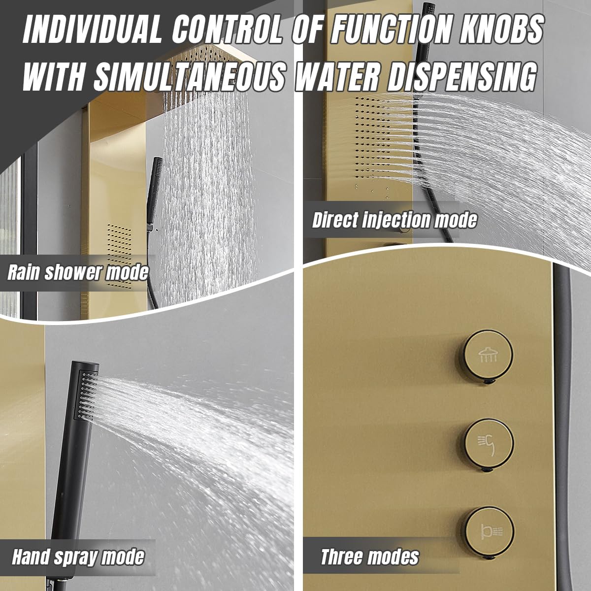 Brushed Gold Shower Tower Panel System with Body Jet Massage & Rainfall Hand Shower - High Pressure Bathroom Fixture for Spa-Like Experience | Perfect for Master Bathrooms & Luxury Home Renovations
