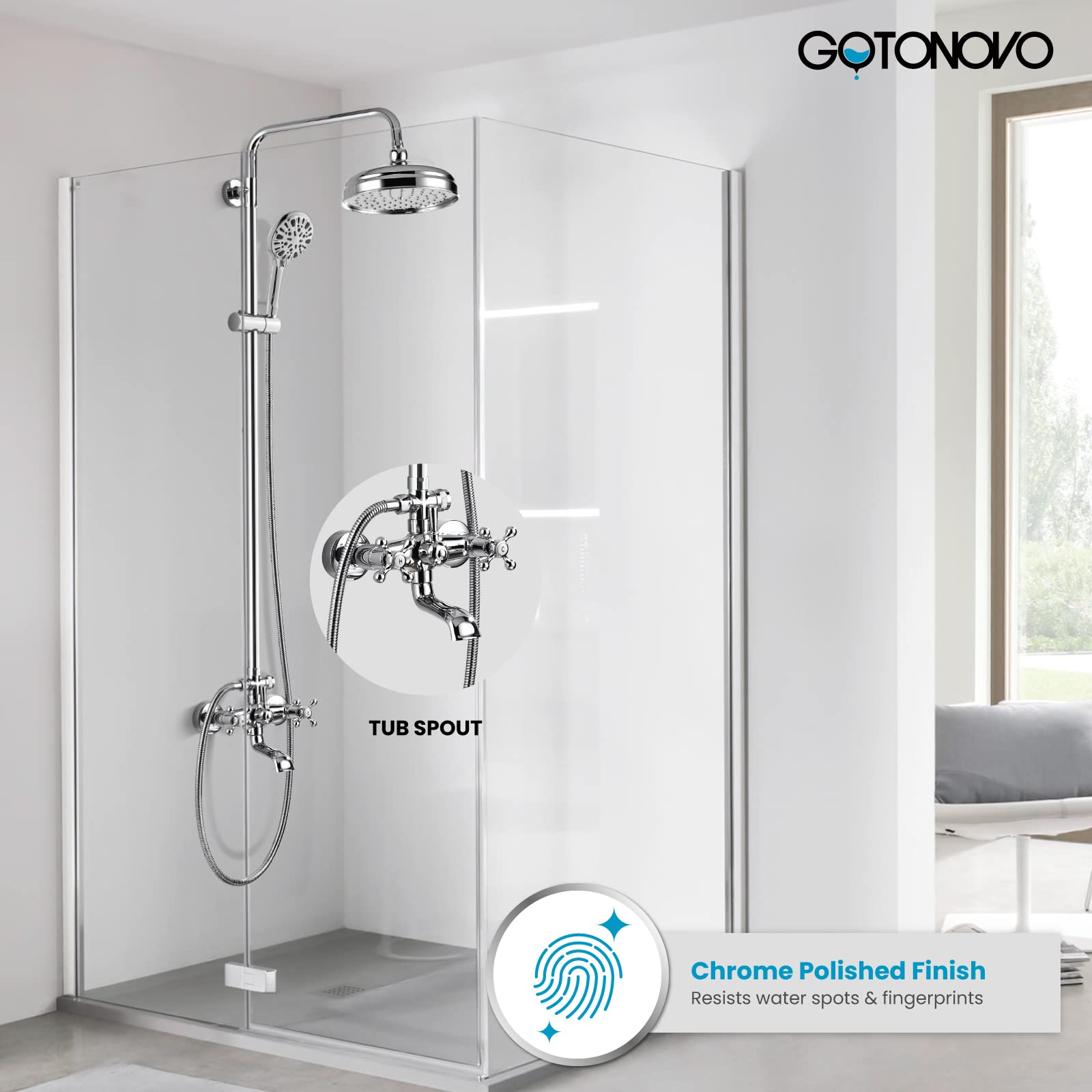 Gotonovo 8 Inch Round Rain Shower Head with Double Cross Handle & Tub Spout - 3 Function ABS Handheld Sprayer, Wall Mount Bathroom Faucet in Polished Chrome - Perfect for Modern Bathrooms & Spa-Like Showers