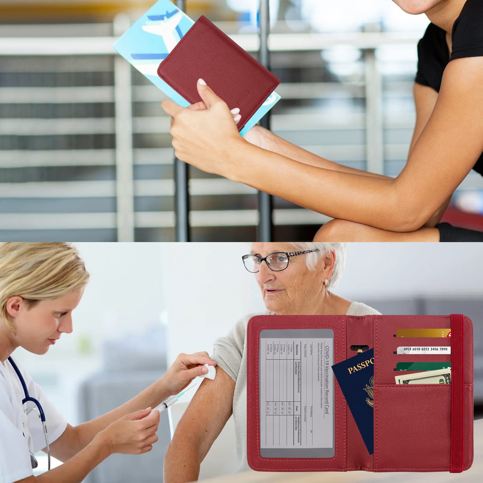 ZOPPEN RFID Blocking Passport Holder Wallet for Women & Men - Travel Document Organizer with Secure Cover Case - Perfect for Airports, Vacations & Business Trips (Wine)