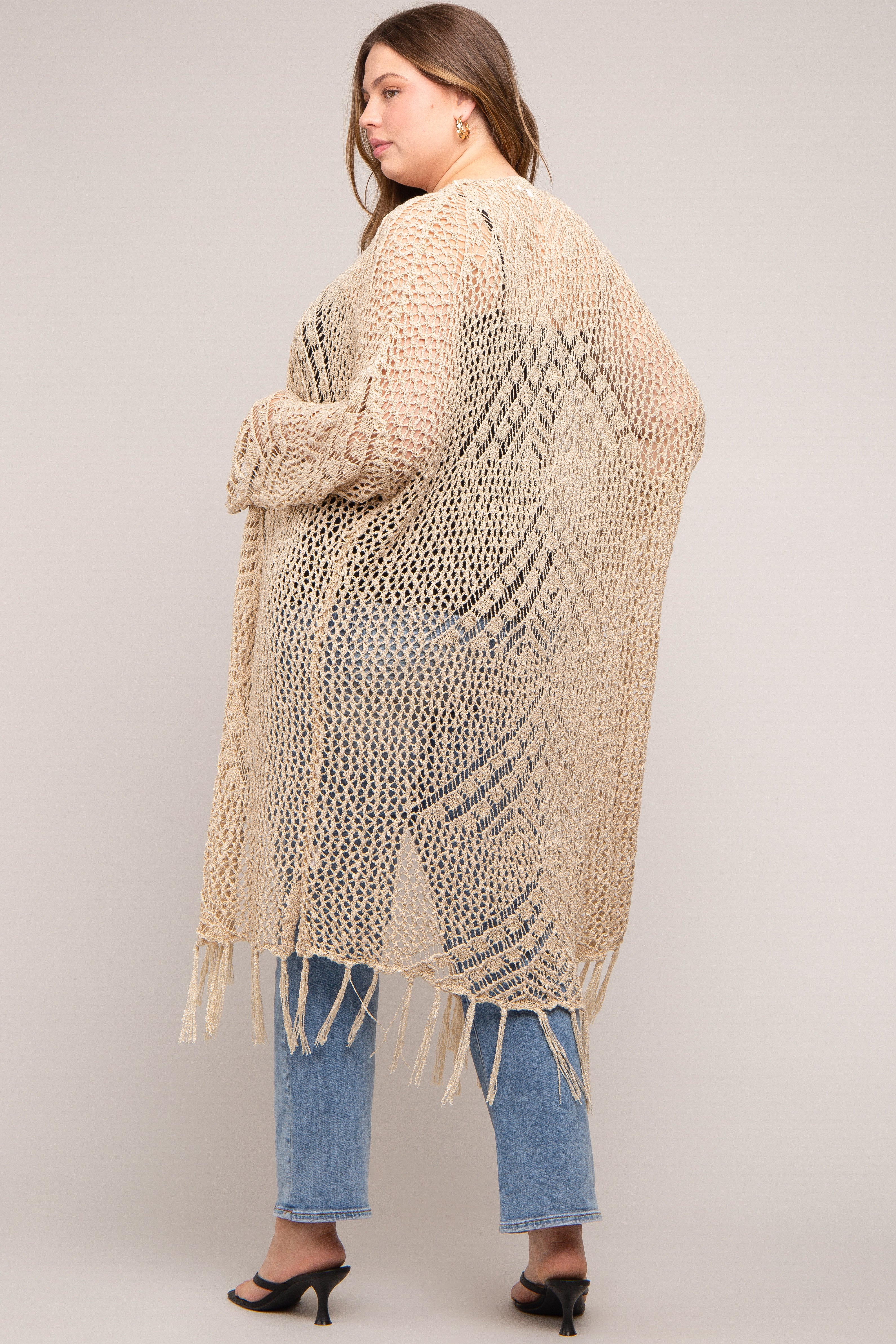 Beige Crochet Fringe Hem Maternity Plus Size Cardigan for Women - Cozy Pregnancy Sweater for Nursing, Baby Shower & Photo Shoots