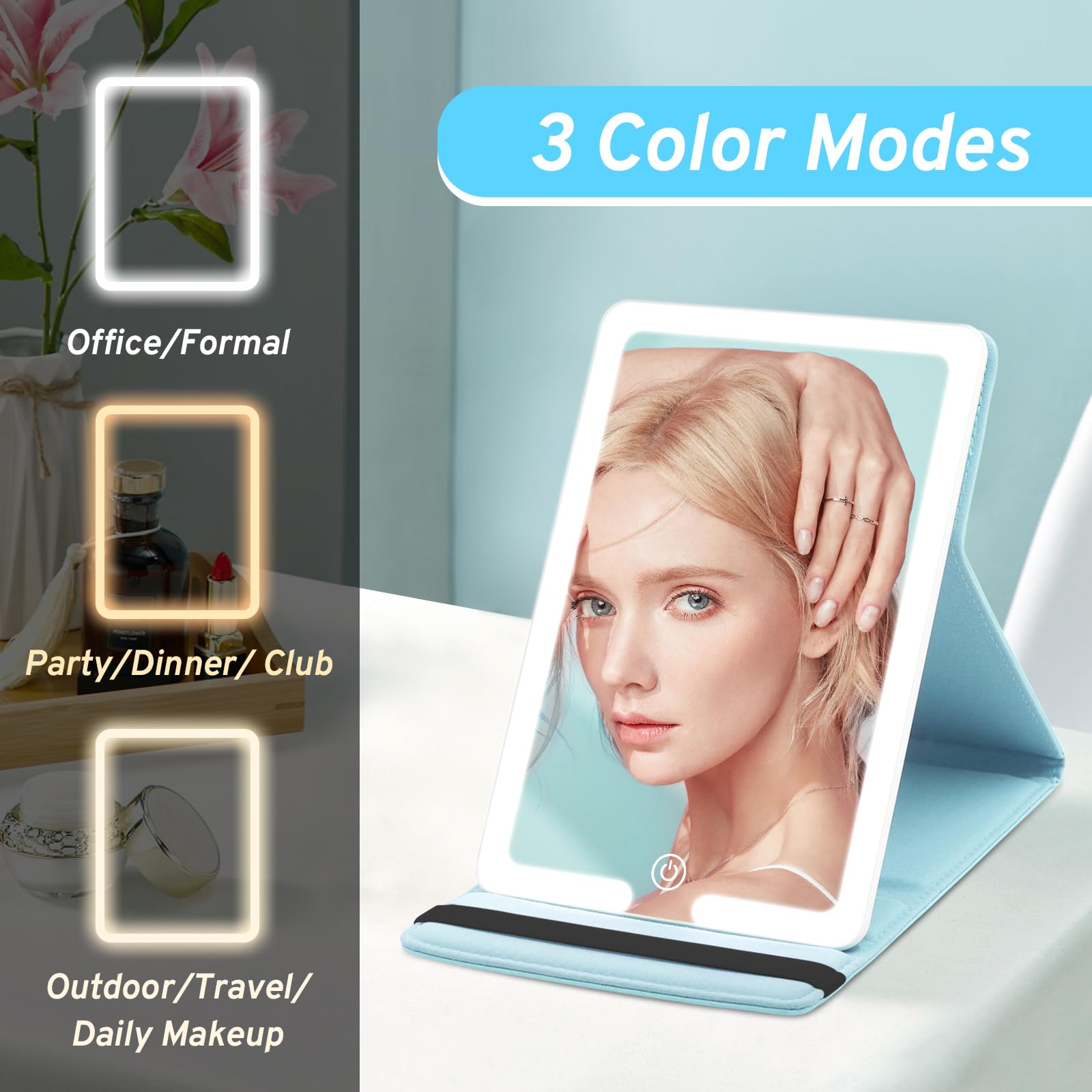 LED Travel Makeup Mirror with Dimmable Touch Screen - Portable Folding Vanity Mirror with 3 Lighting Modes & Rechargeable Battery | Perfect for Travel, Home Beauty Routine & Hotel Makeup Application