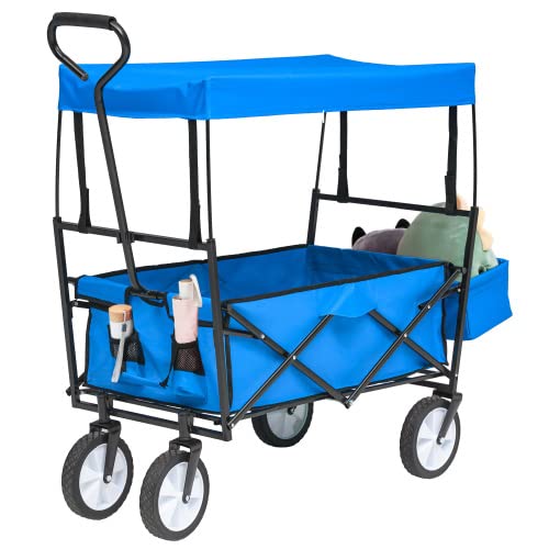 Foldable Utility Wagon Cart with Canopy & Storage - Heavy Duty Collapsible Beach Garden Cart for Outdoor Sports, Picnics, Camping & Shopping - Includes Adjustable Handle, Rear Basket & 2 Mesh Bags