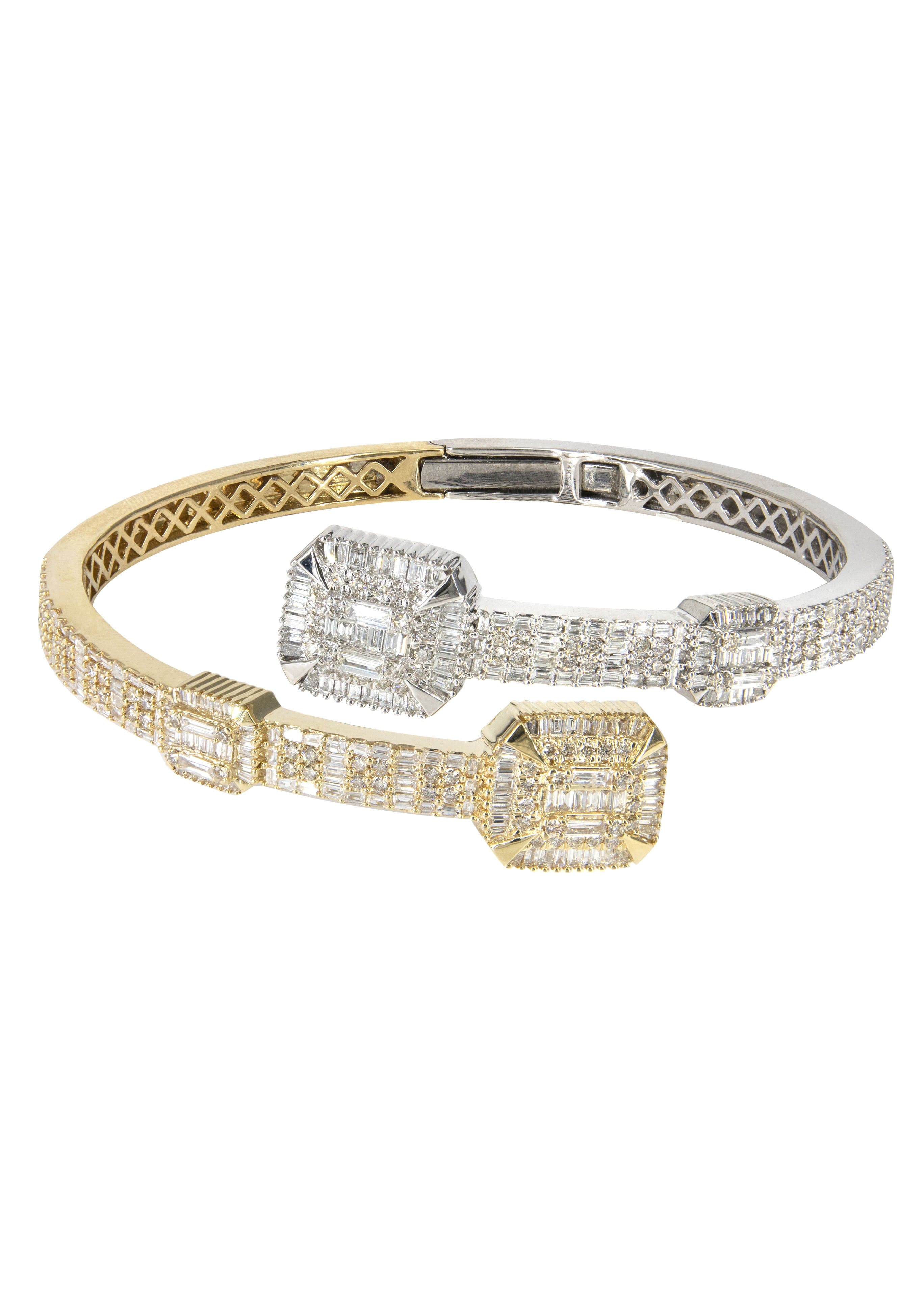 14K Two Tone Diamond Baguette Bangle Bracelet - 29.66g Gold Jewelry with 4.45ct Diamonds | Elegant Wedding, Anniversary & Special Occasion Gift for Women