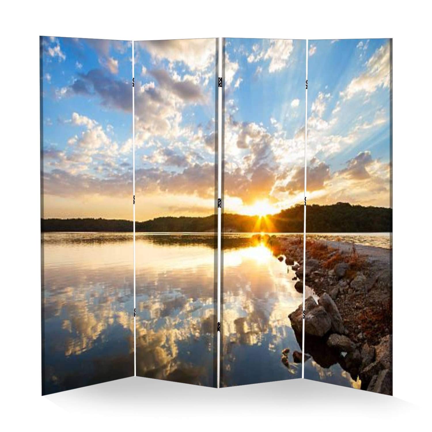 Wooden Folding Room Divider with Canvas Panels - 4-Panel Privacy Screen for Home & Office | Dual-Sided Rock Jetty Sunrise Design | Indoor Partition Wall & Display Shelf | Perfect for Living Rooms, Bedrooms, and Studio Spaces