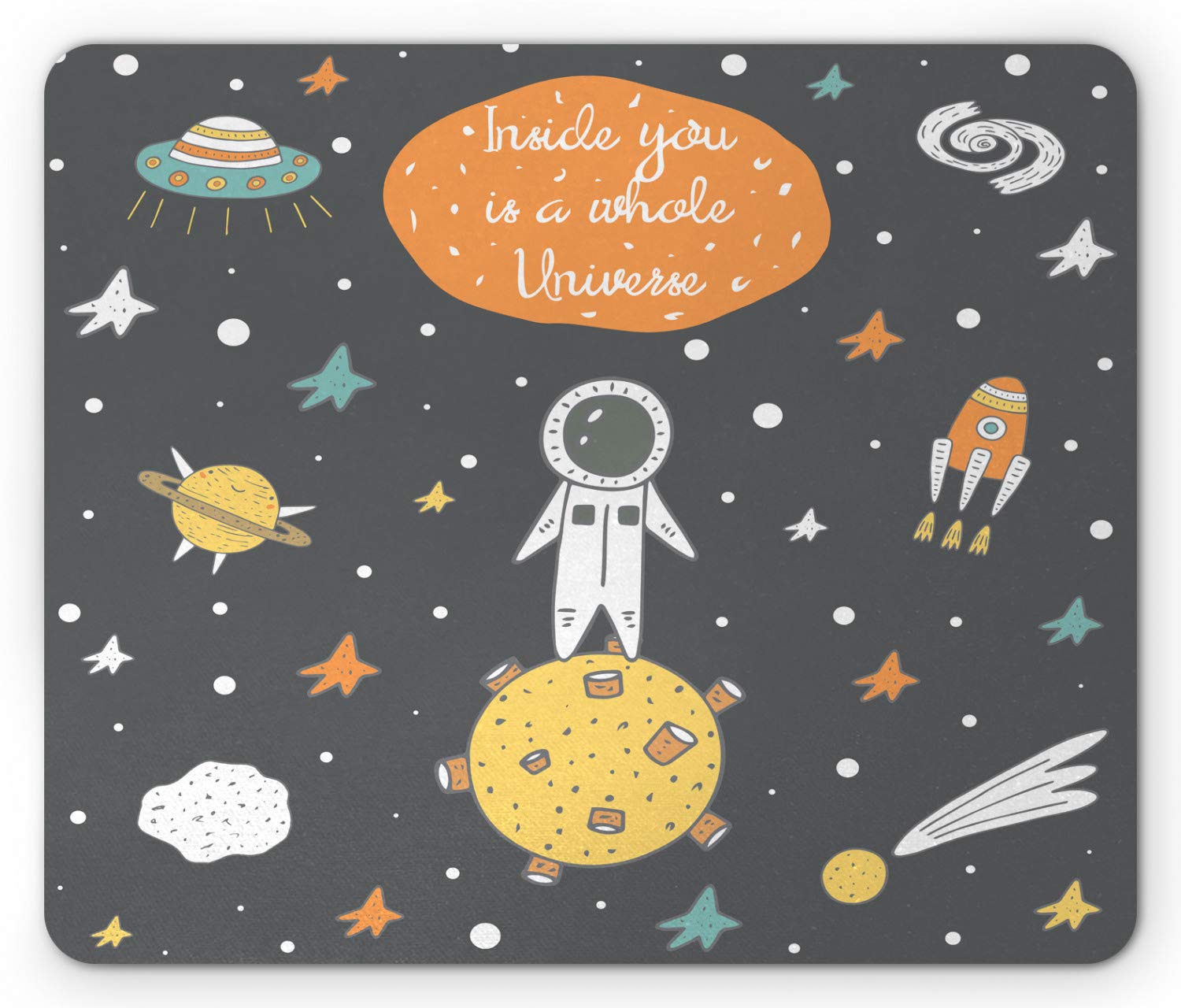 Ambesonne Outer Space Mouse Pad - Doodle Style Astronaut Alien Planets & Spaceships Design, Non-Slip Rubber Base, Standard Size Rectangle Mousepad for Office & Gaming (Multicolor)