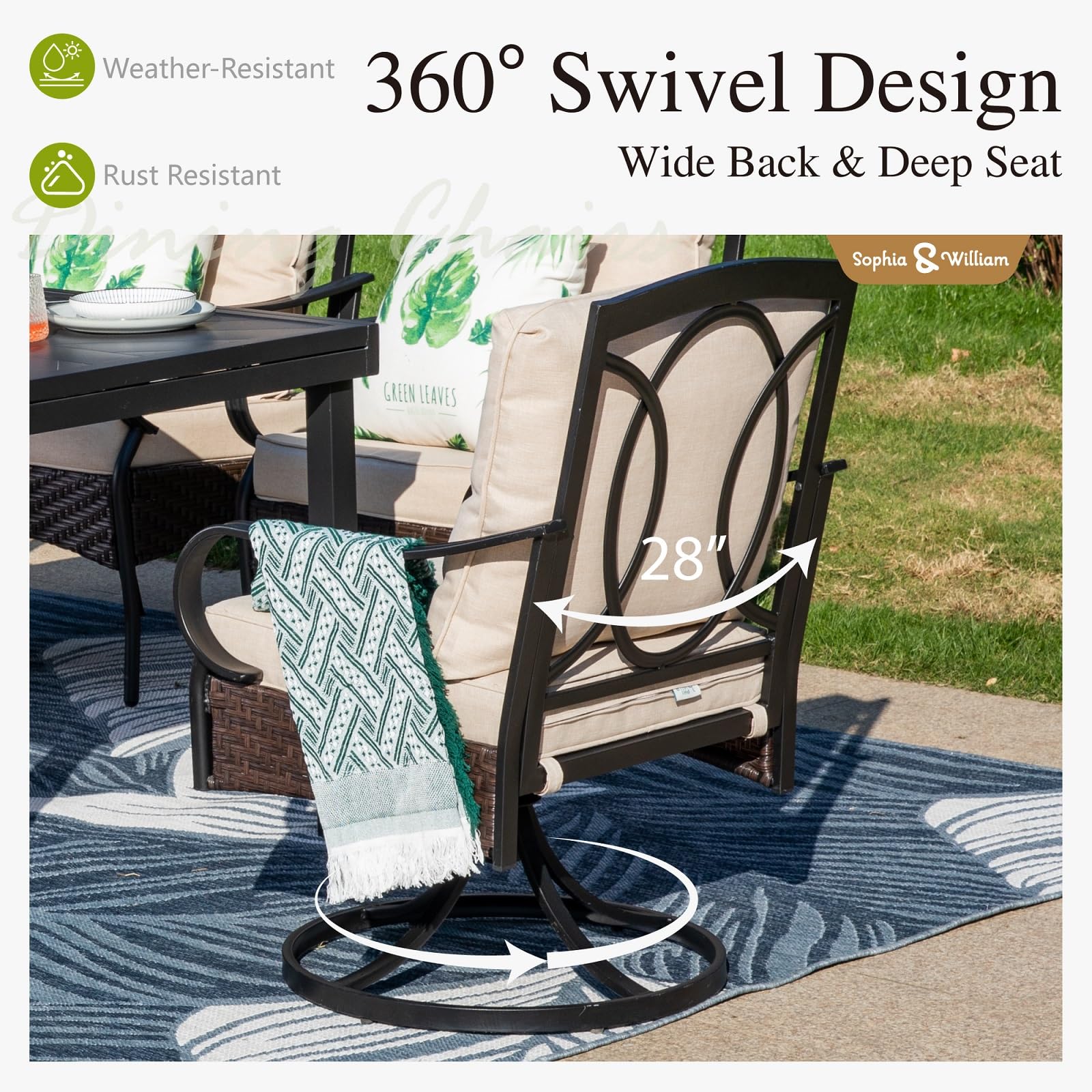 Sophia & William 6-Piece Outdoor Patio Dining Set with 4 Padded Swivel Rocker Chairs, Round Metal Table & 10ft Auto-Tilt Beige Umbrella - Perfect for Backyard BBQs, Poolside Relaxation and Garden Gatherings