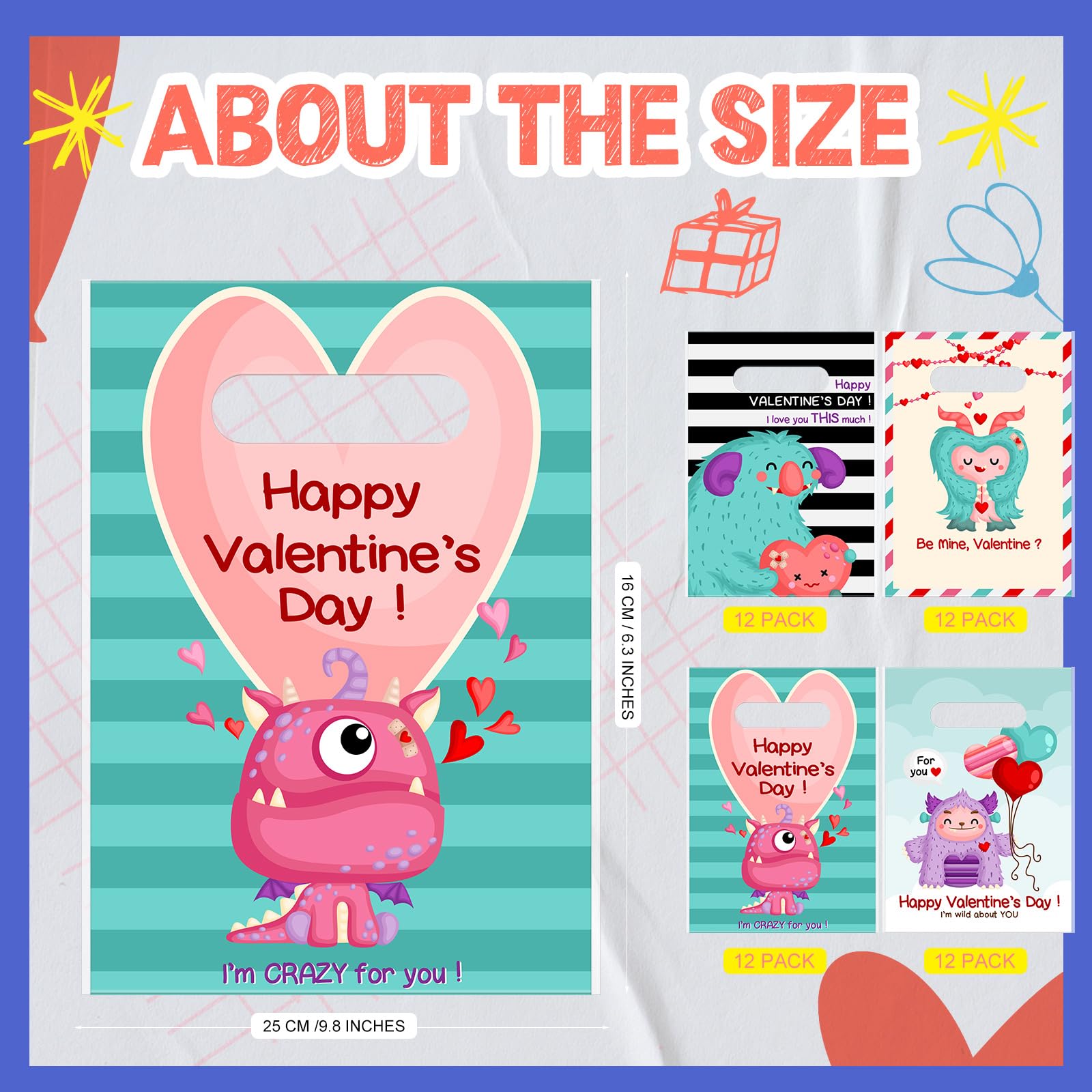 Frienda 100-Piece Plastic Valentine's Day Gift Bags Bulk - Monster Treat Bags with Handles for Candy, Party Favors & Holiday Decorations | Perfect for Valentine's Parties, Classroom Treats & Romantic Gift Giving