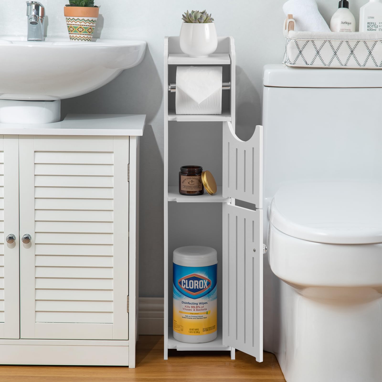 AOJEZOR White Bathroom Toilet Paper Holder Stand - Storage Cabinet for Mega Rolls | Perfect for Small Bathrooms, Powder Rooms & RVs