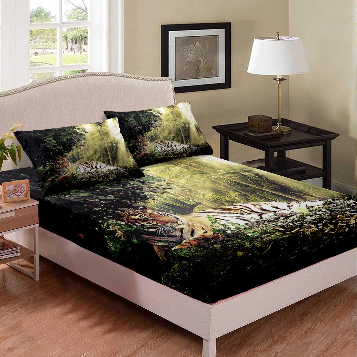 Erosebridal Queen Size Tropical Palm Leaves Jungle Animal Print Bedding Set - Breathable 1 Fitted Sheet & 2 Pillow Shams for Bedroom Decor | Perfect for Jungle-Themed Rooms, Vacation Homes & Boho Chic Decor