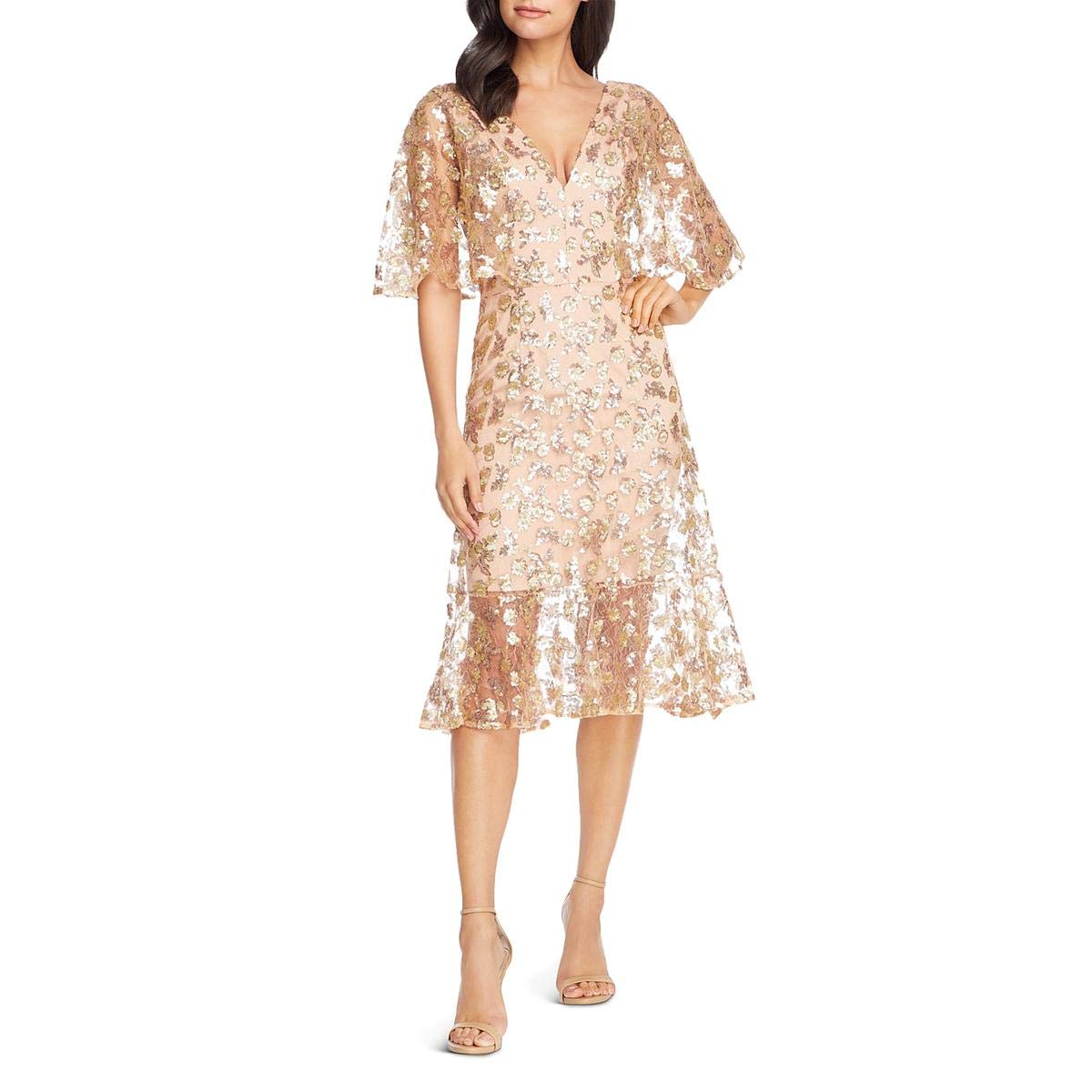 Dress the Population Women's Roseanna Flutter Sleeve Sequin Lace Midi Dress - Elegant Party & Evening Gown for Weddings, Cocktail Events & Special Occasions