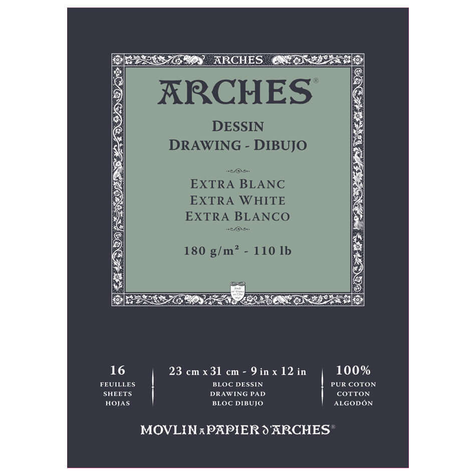 Premium Arches Drawing Pad - Extra White 9x12 Inches - 100% Cotton Acid-Free Paper for Sketching, Watercolor & Mixed Media - Perfect for Artists, Students & Professionals