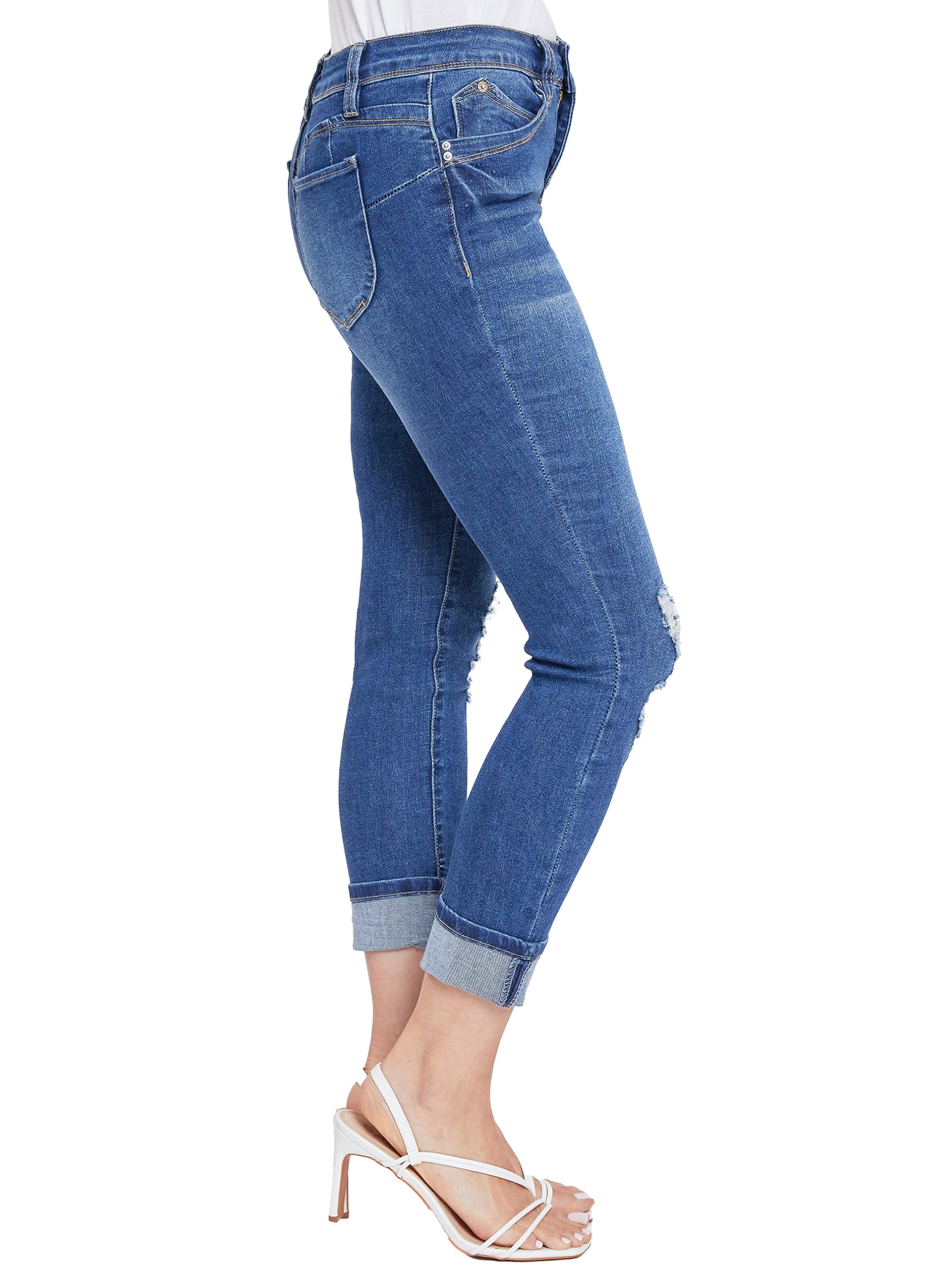 Royalty For Me Women's Petite Stretchy Mid-Rise Skinny Jeans - Sustainable Denim with Mega Cuff Ankle (Medium Wash, Size 14) | Perfect for Casual Wear, Date Nights & Office Outfits