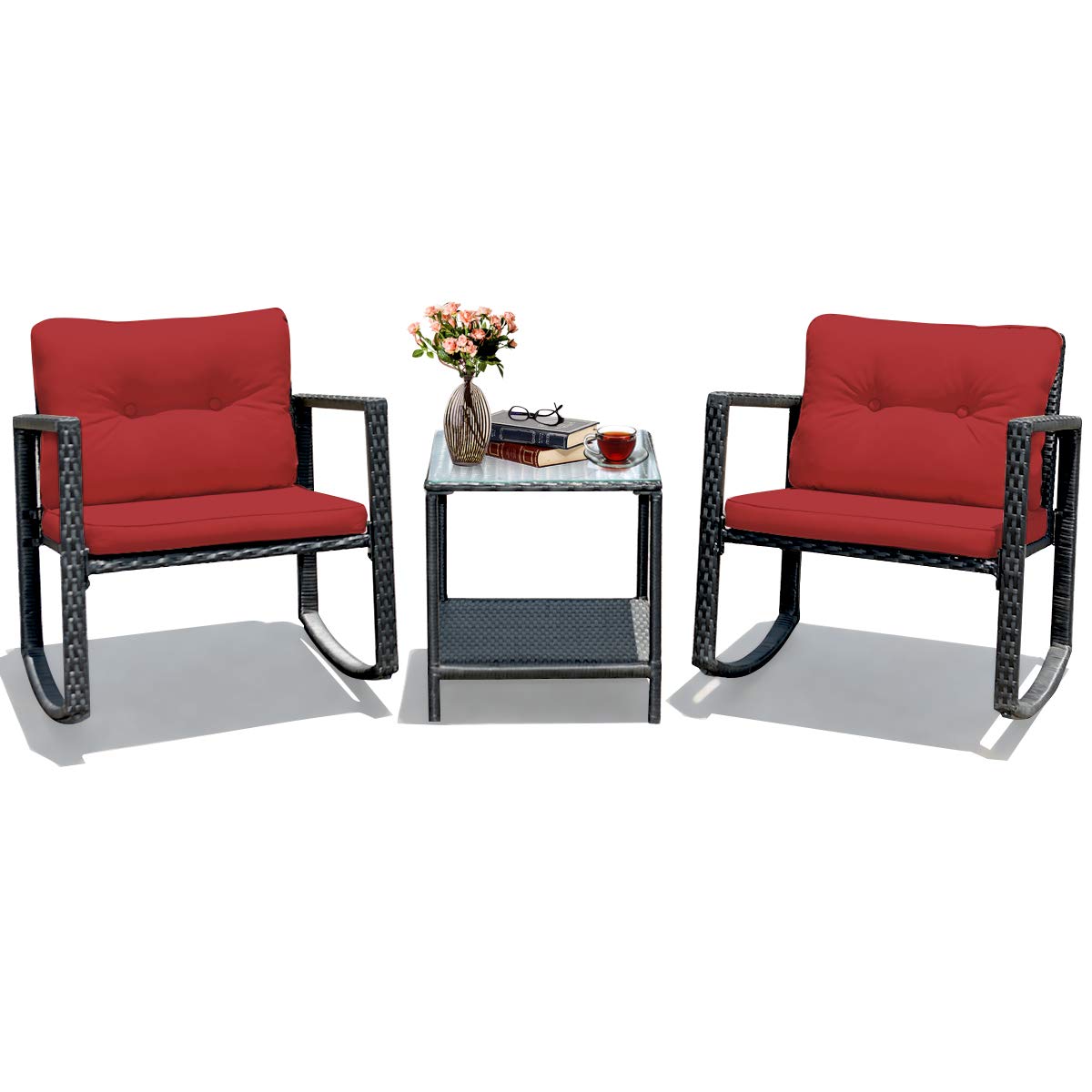 Tangkula 3-Piece Patio Wicker Rocking Bistro Set - Outdoor Rocking Chairs with Cushioned Seats, Glass Coffee Table & Storage Shelf - Red - Perfect for Backyard, Garden, Porch or Balcony Relaxation