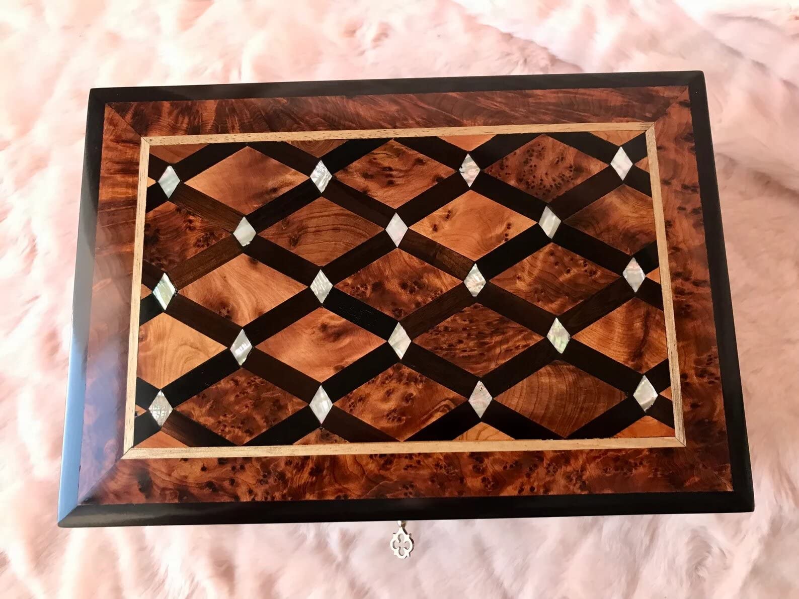 Hand Carved Wooden Jewelry Box - Thuya Burl & Ebony Wood Inlaid with Mother of Pearl - Large Antique Keepsake Storage Box with Lock - Perfect for Organizing Jewelry, Valuables & Home Decor
