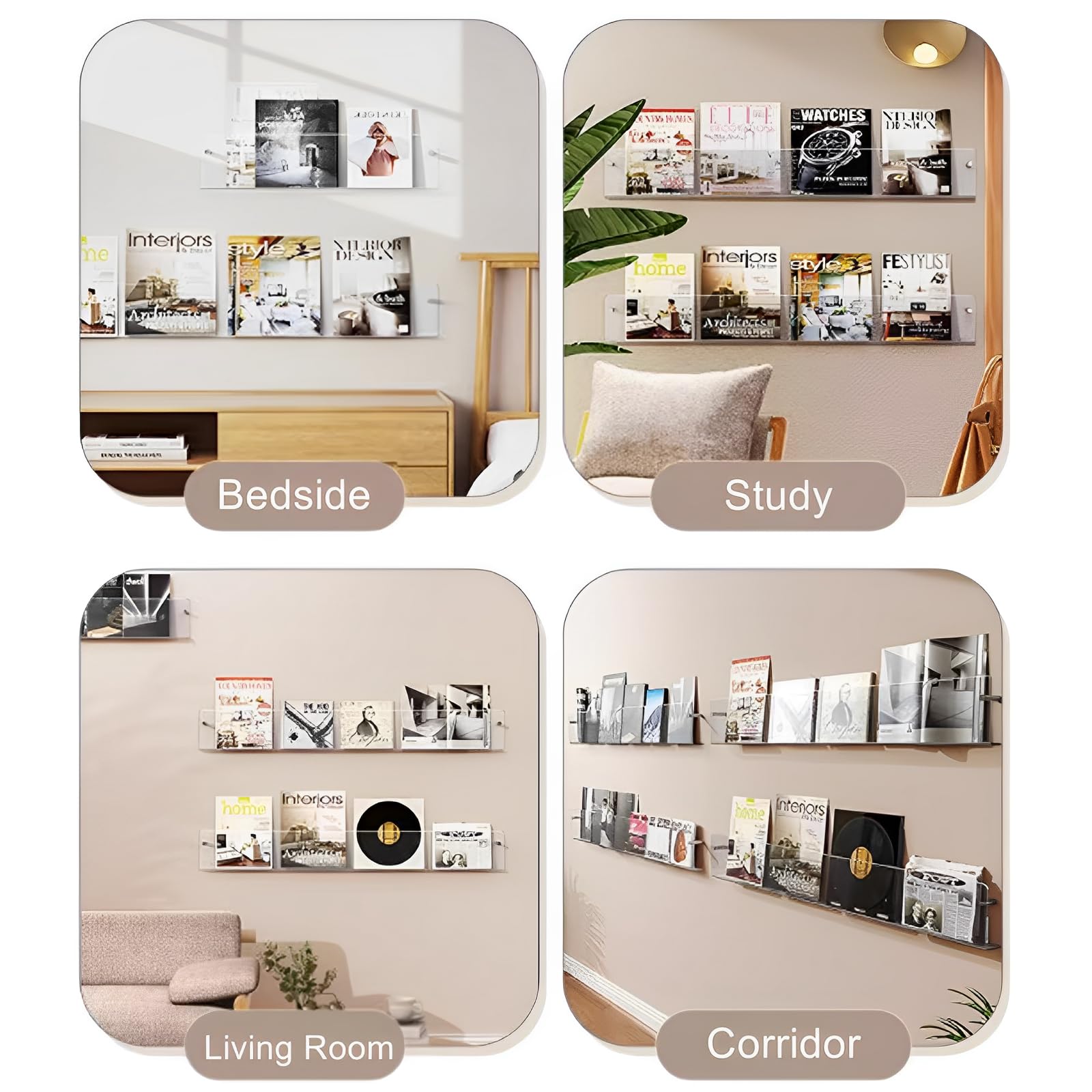 2-Pack Acrylic Magazine & Vinyl Record Wall Mounted Floating Bookshelves - Modern Wall Decor for Nursery, Living Room, Office & Waiting Room - Perfect for Organizing Books, Magazines and Records