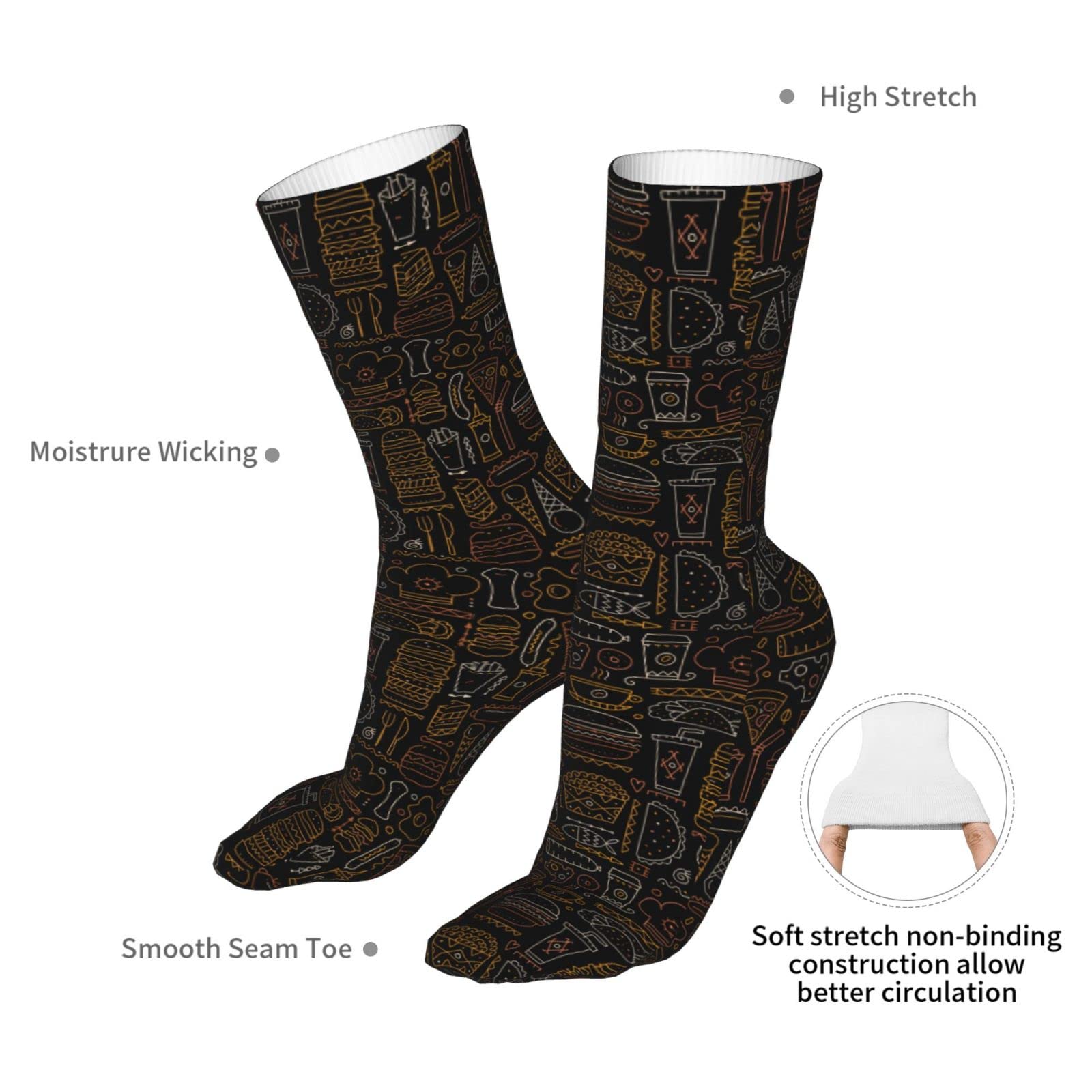 Trendy Black Fast Food Hamburger Pizza Novelty Crew Socks for Women & Men - Comfortable Sports Outdoor Casual Socks for Everyday Wear, Gifts & Themed Parties