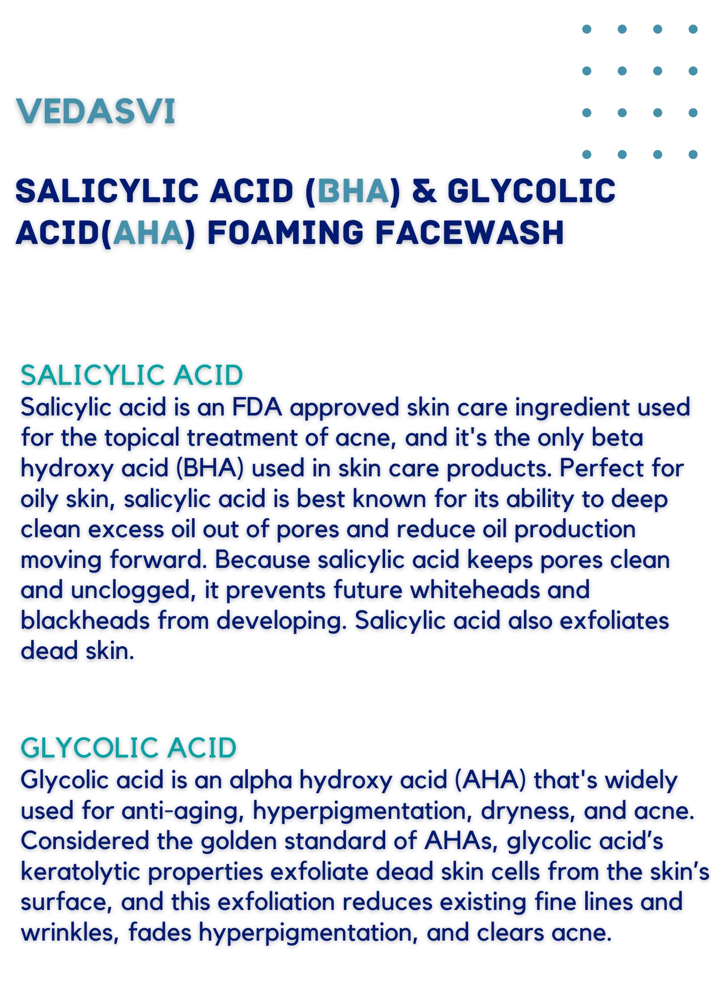 Vedasvi Salicylic Acid (BHA) & Glycolic Acid (AHA) Foaming Face Wash - Anti Acne Cleanser for Oily & Acne-Prone Skin | Deep Pore Cleansing, Exfoliating & Oil Control | Perfect for Daily Skincare Routine & Post-Workout Cleansing
