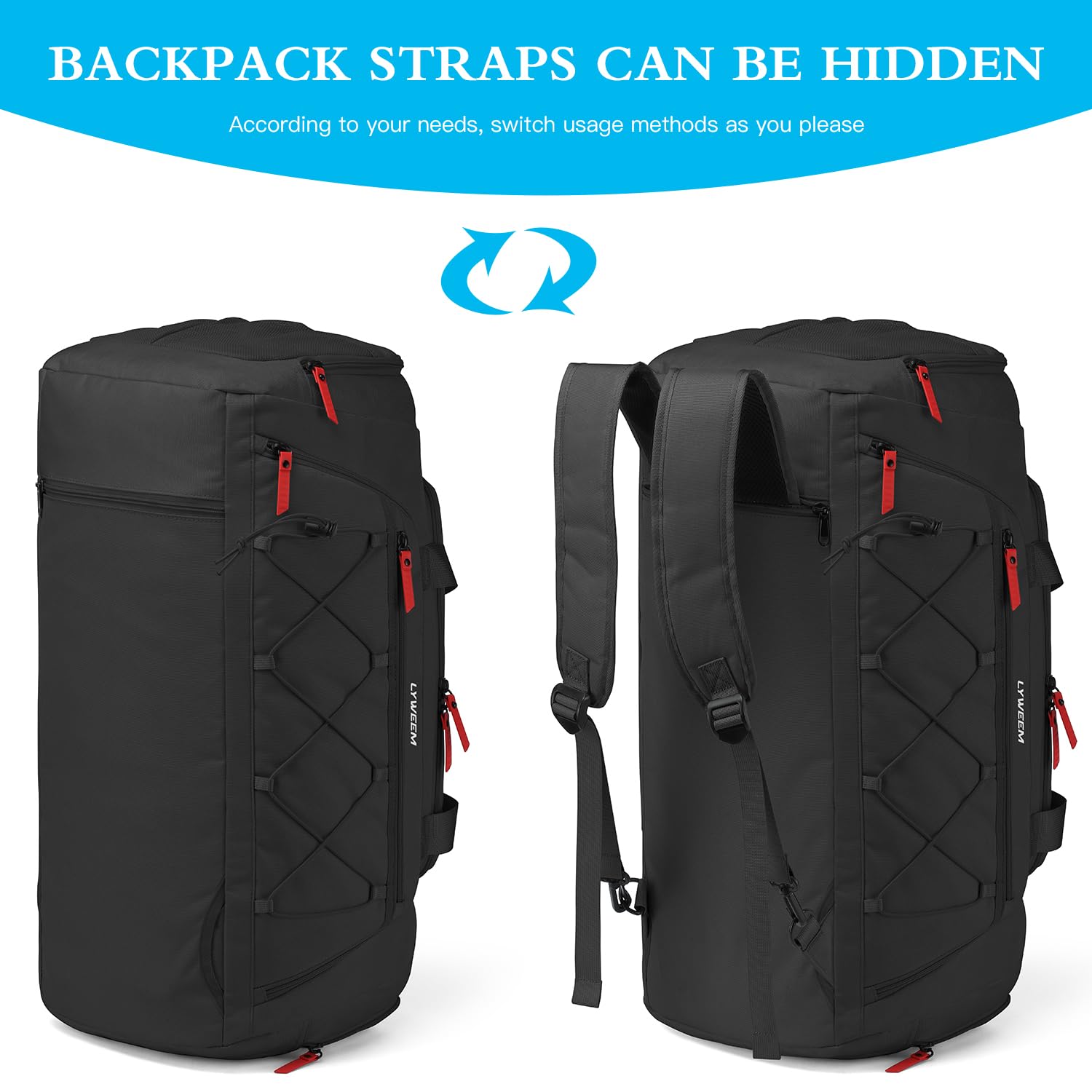 **40L Travel Duffle Backpack for Men - Waterproof Gym Bag with Wet Pocket & Shoe Compartment, Carry-On Weekender Overnight Bag for Sports, Travel & Workout - Perfect for Gym, Business Trips & Weekend Getaways (Black)**