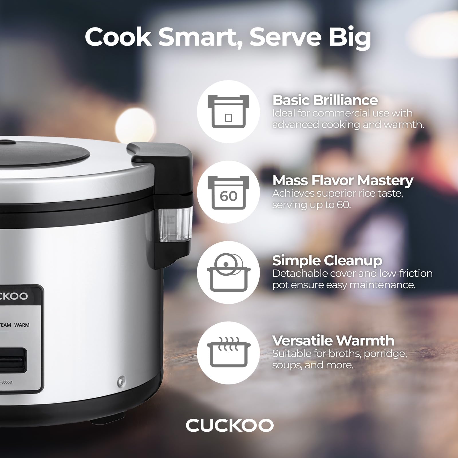 CUCKOO CR-3055 30-Cup (Uncooked) / 60-Cup (Cooked) Large Capacity Commercial Rice Cooker with Nonstick Inner Pot & Warmer - Silver/Black - Perfect for Restaurants, Catering & Large Family Gatherings