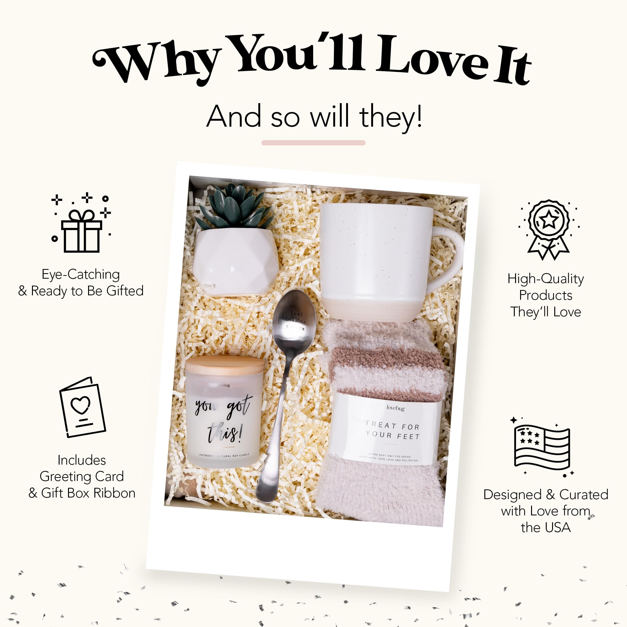 Lovebug Get Well Soon Gift Basket for Women - Post Surgery Recovery Care Package with Cozy Blanket, Scented Candle, Fuzzy Socks, Inspirational Mug, Spoon & Succulent Plant - Thoughtful Thinking of You Gift for Hospital Stay, Chemotherapy or Recovery at Home