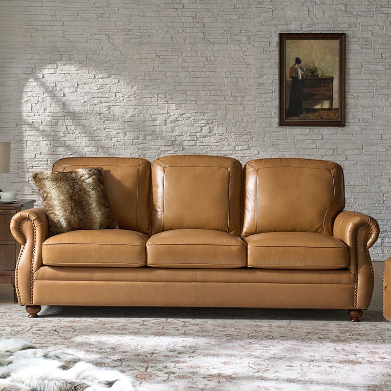 Premium Iliana Genuine Leather Sofa with Elegant Rolled Arms - Luxurious Living Room Furniture for Home & Office Decor