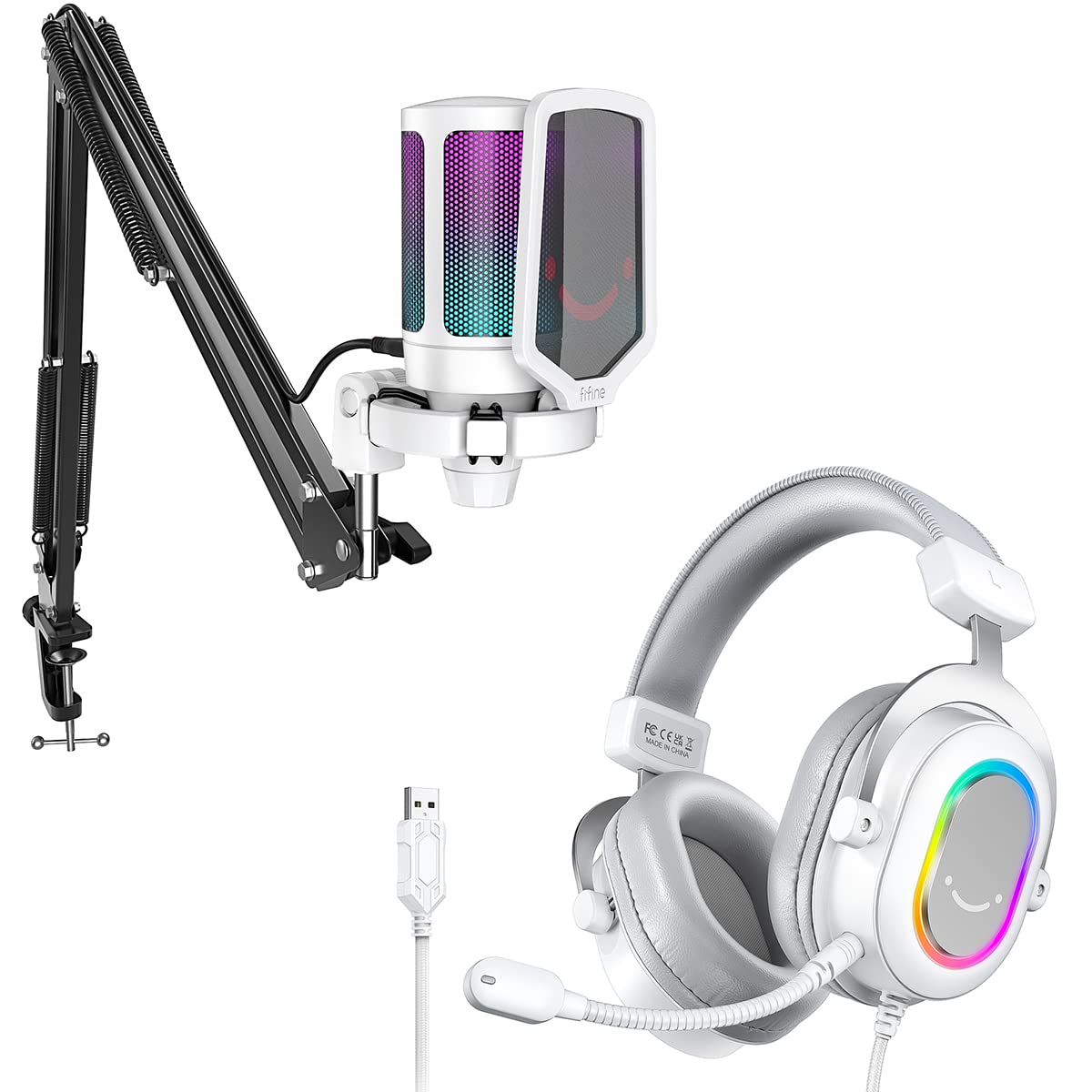 FIFINE RGB USB Microphone & Gaming Headset Bundle - Plug & Play PC Condenser Mic with Wired Headphones for PS4/PS5, Streaming, Recording, Discord, Twitch - Perfect for Gamers, Podcasters & Content Creators (A6TW+H6W)