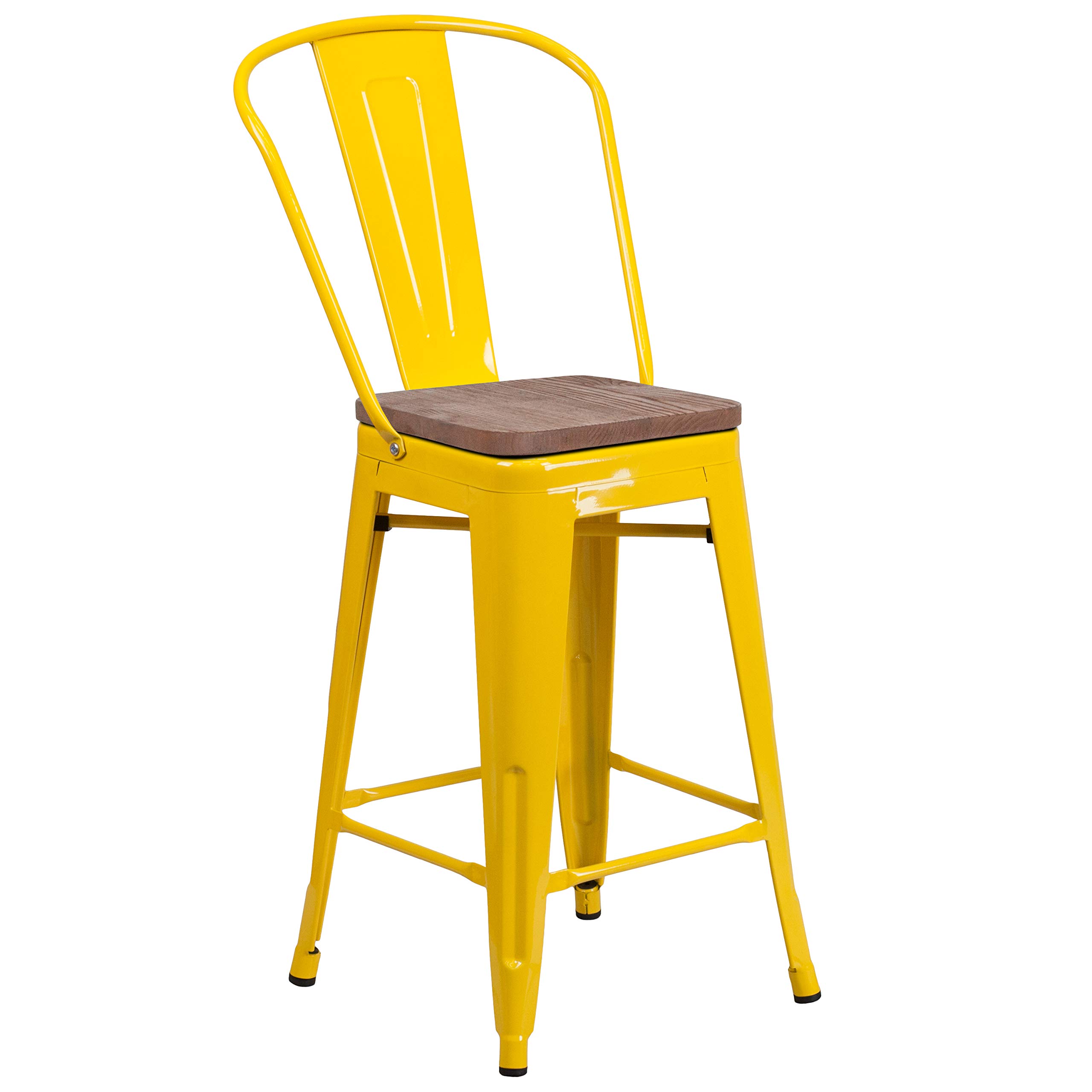 EMMA + OLIVER 24 Inch Yellow Metal Counter Height Bar Stool with Backrest and Solid Wood Seat - Perfect for Kitchen Islands, Breakfast Bars & Home Decor