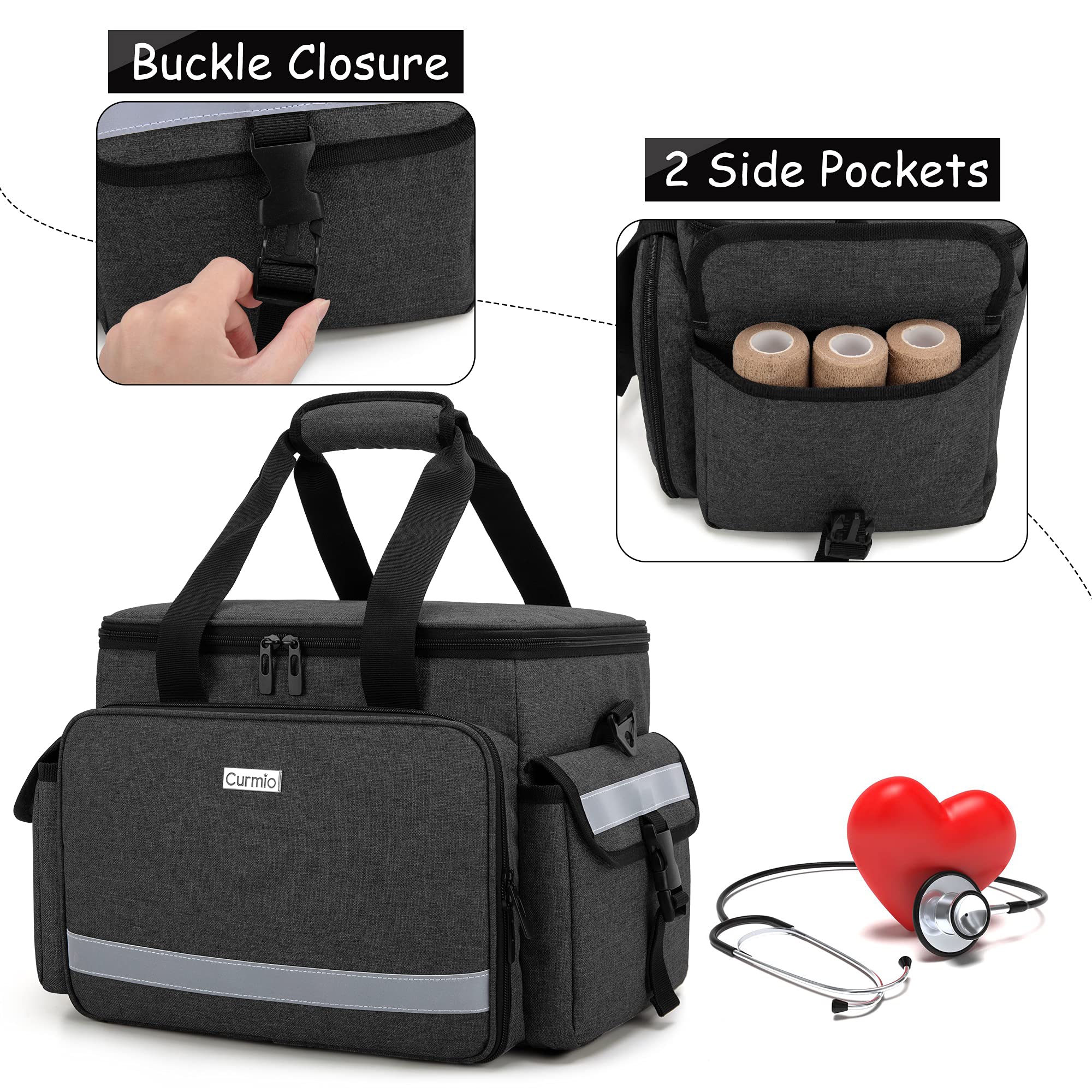 CURMIO Empty First Aid Bag with Dividers - Emergency Medical Supply Organizer for Home, Travel & Outdoor Adventures - Compact EMT Pouch for Nurses & First Responders (Black)