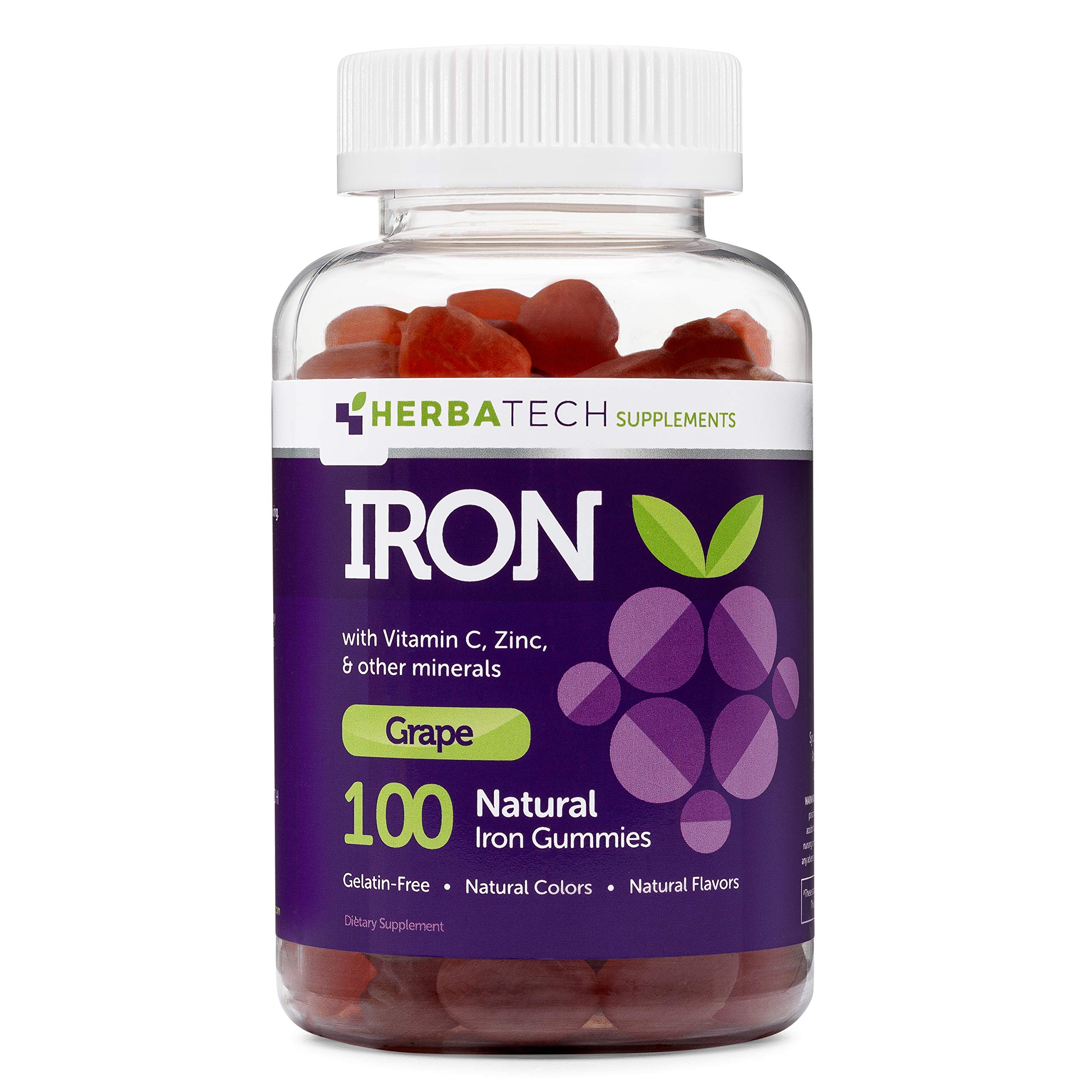 Iron Gummies for Adults & Kids - Chewable Multivitamin with Iron, Vitamin C, A, B, Zinc, Folic Acid & Biotin | Grape Flavor | Vegan, Non-GMO | Made in USA by HERBATECH | Supports Energy, Immunity & Healthy Hair Growth for Busy Lifestyles & Active Families
