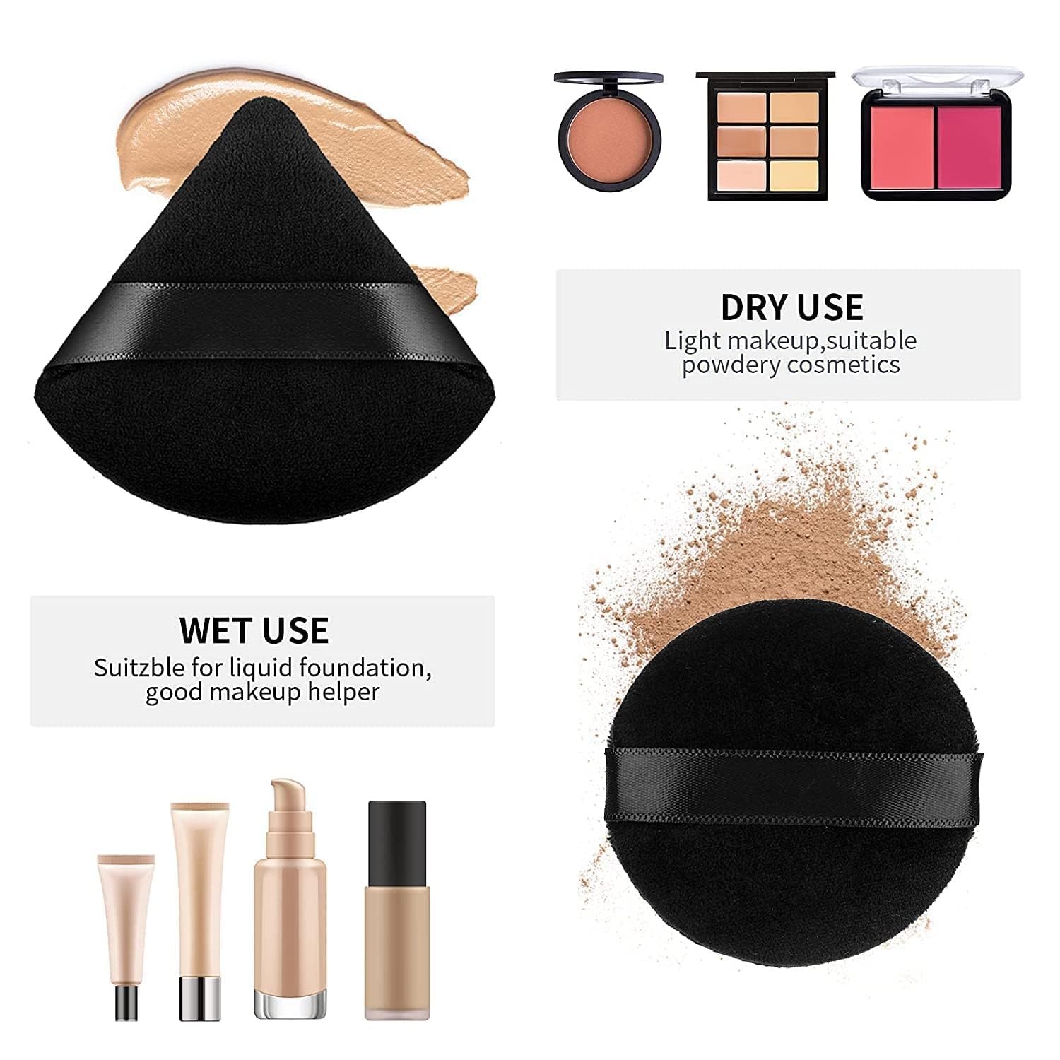 Facejewel Triangle & Round Cosmetic Powder Puff Set - 6PC Washable Reusable Soft Makeup Sponge for Wet/Dry Application | Perfect for Foundation, Blush & Setting Powder