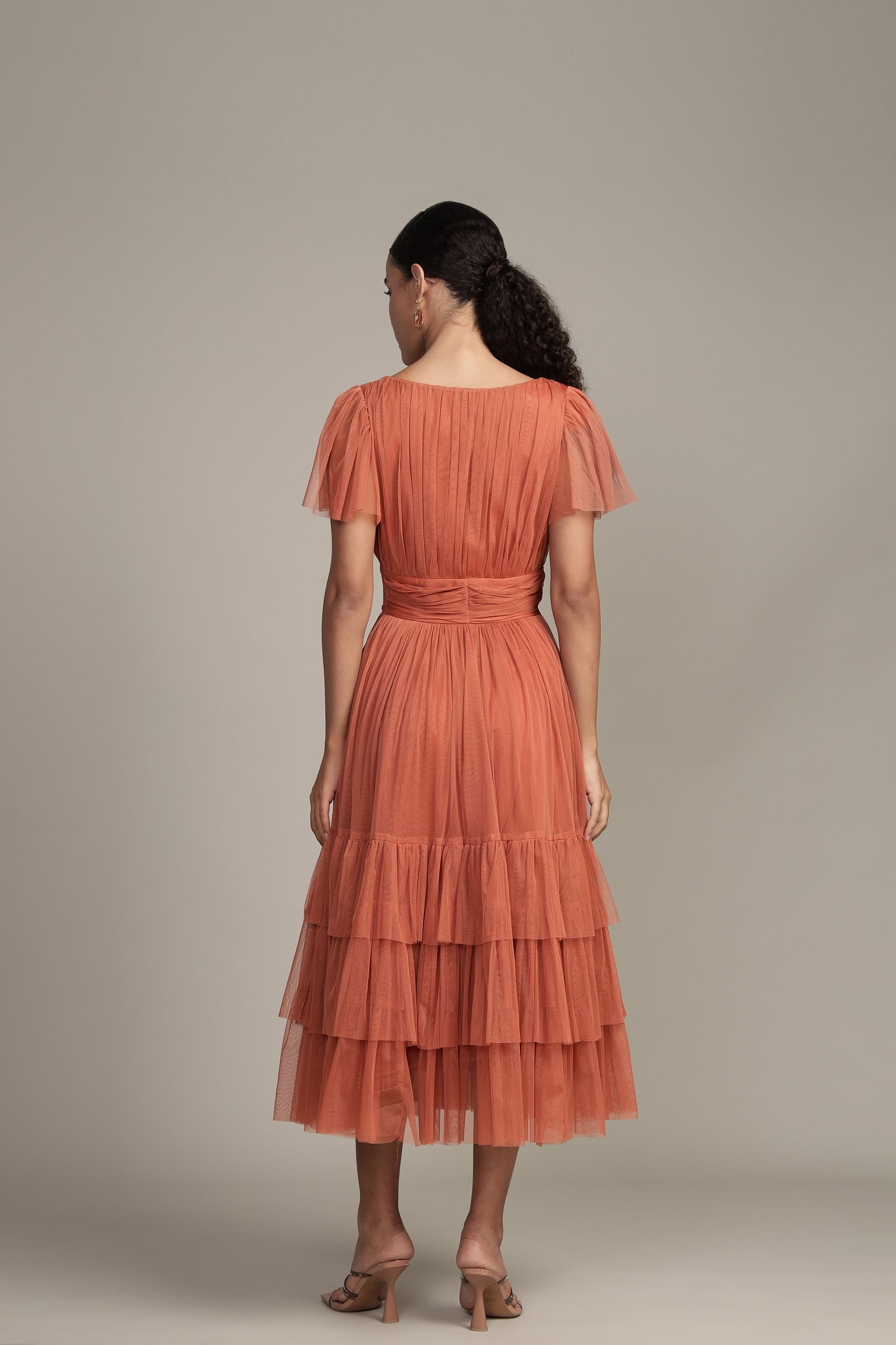 Madison Terracotta Pink Tulle Bridesmaid Midi Dress - Elegant Wedding Party Gown for Bridesmaids, Formal Events & Special Occasions