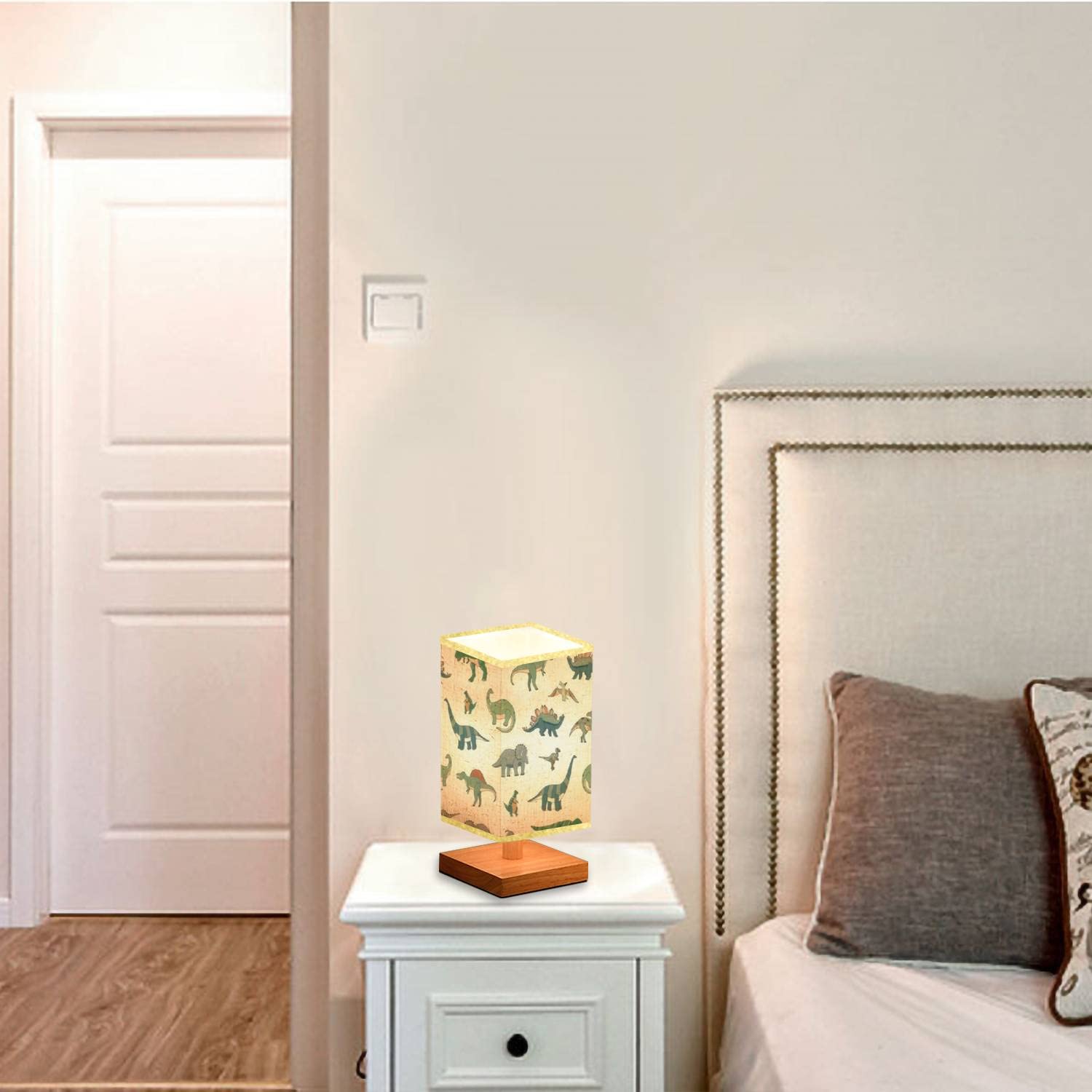Dimmable Square Bedside Table Lamp with Dinosaur Cartoon Design - Wooden Base & Flaxen Fabric Shade for Bedroom, Living Room, Nursery | Perfect Nightstand Lamp for Kids' Room, Reading Nook & Cozy Spaces